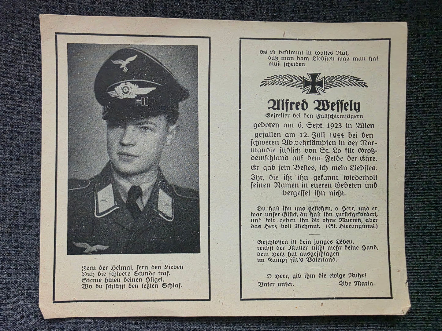 Sterbebild Gefreiter Wien 2. Komp. Fallschirm-Aufkl. Abt. 12 Le Desert St. Lo Normandie Frankreich