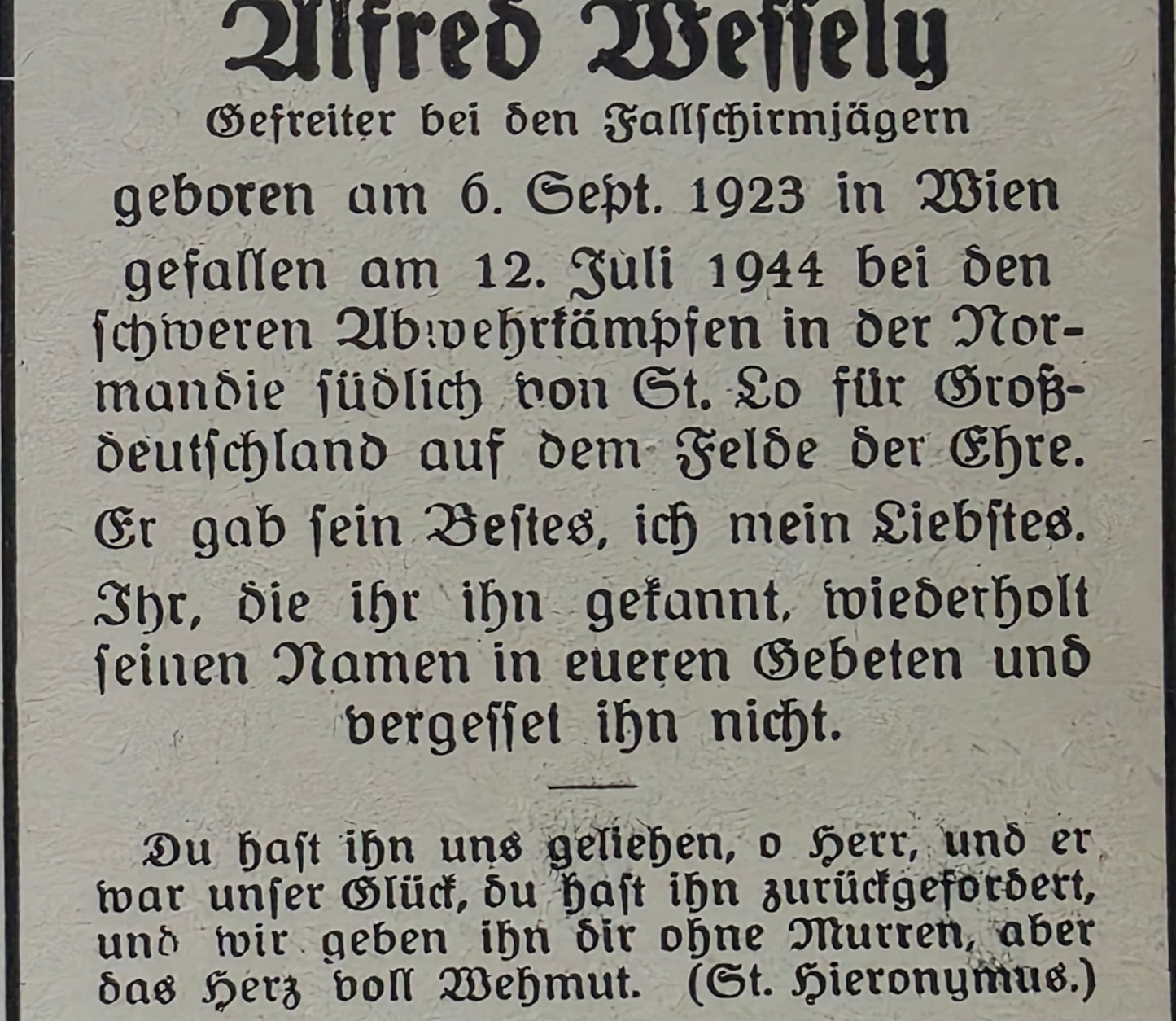 Sterbebild Gefreiter Wien 2. Komp. Fallschirm-Aufkl. Abt. 12 Le Desert St. Lo Normandie Frankreich