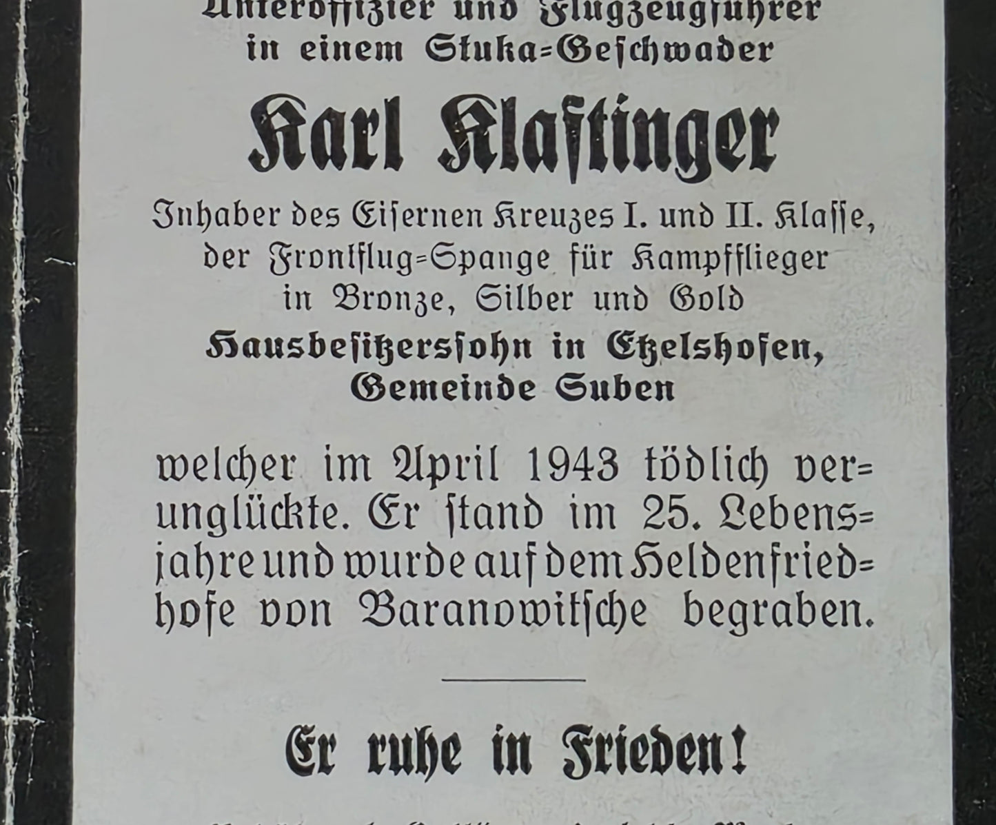Sterbebild Unteroffizier Stuben 7./III. SG-1 Pilot Stukageschwader FFS Gold Baranowitsche Weissrussland