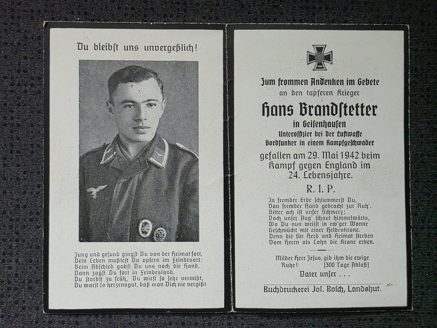 Sterbebild Unteroffizier Geisenhausen Bordfunker 2./KG-106 England Cognac Berneuil Frankreich