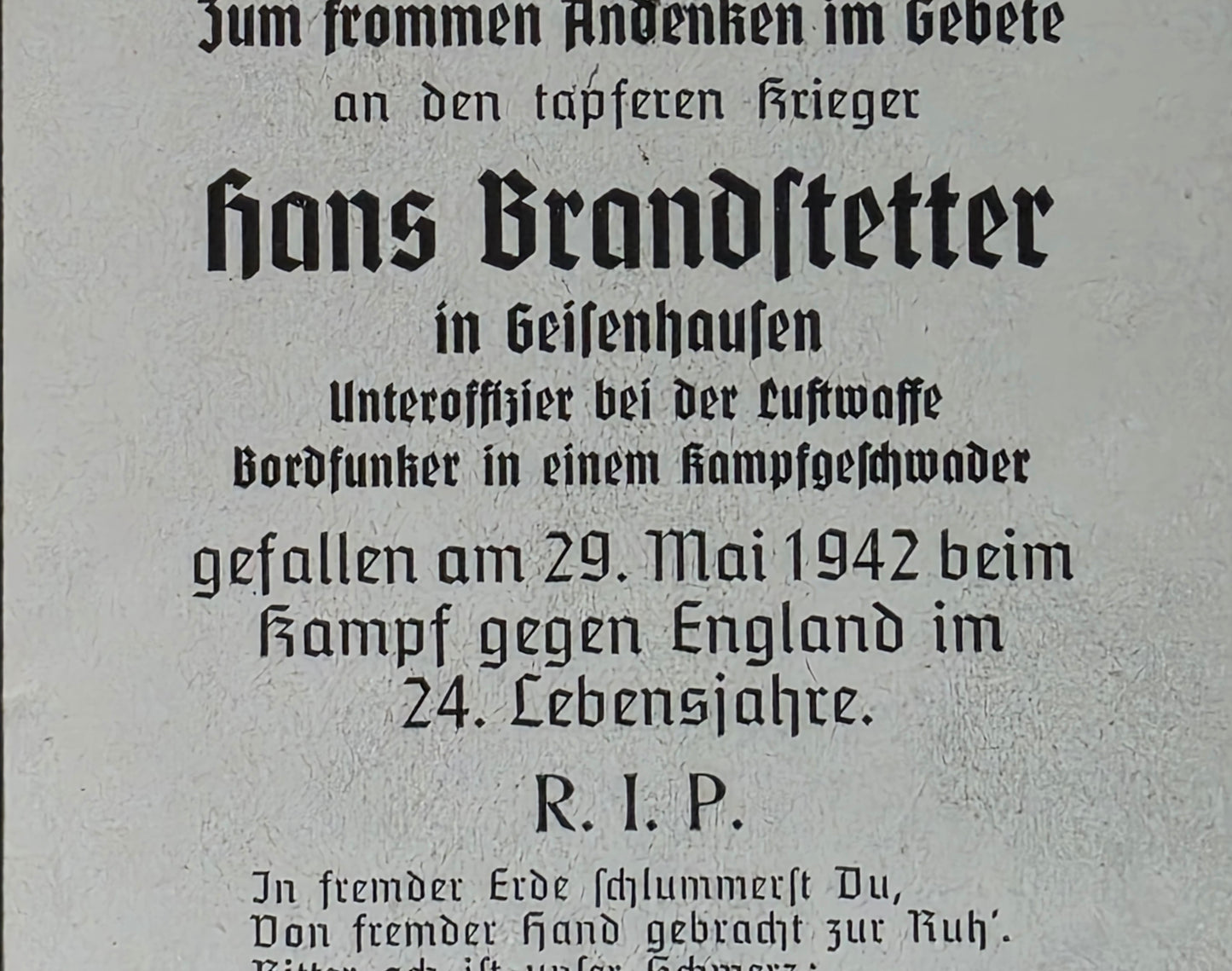 Sterbebild Unteroffizier Geisenhausen Bordfunker 2./KG-106 England Cognac Berneuil Frankreich