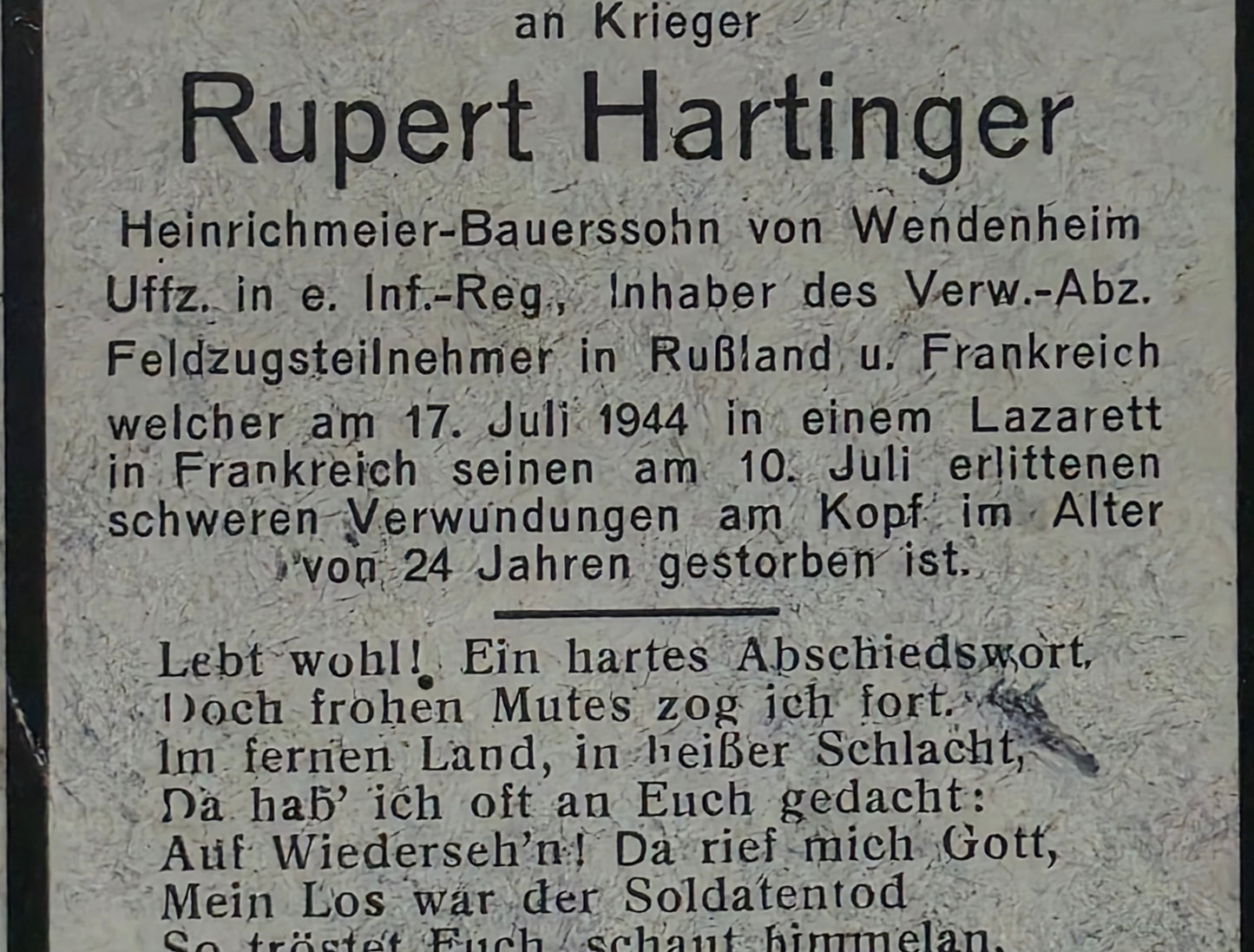 Sterbebild Unteroffizier Wendenheim Inf. Regt. Le Mans Normandie Mont d'Huisnes Frankreich