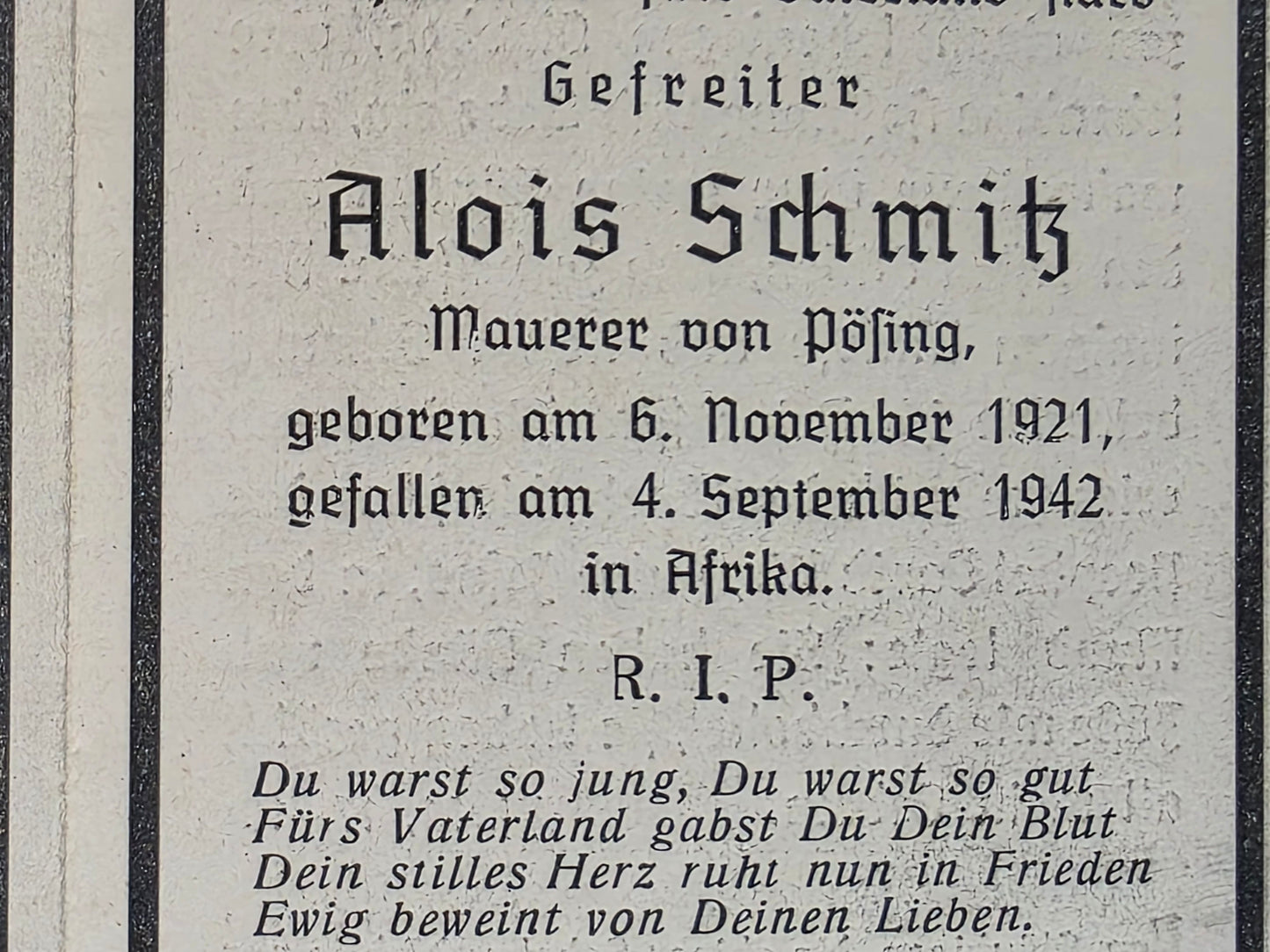 Sterbebild Gefreiter Pösing 6. Batterie Art. Regt. 115 DAK Ägypten Nordafrika