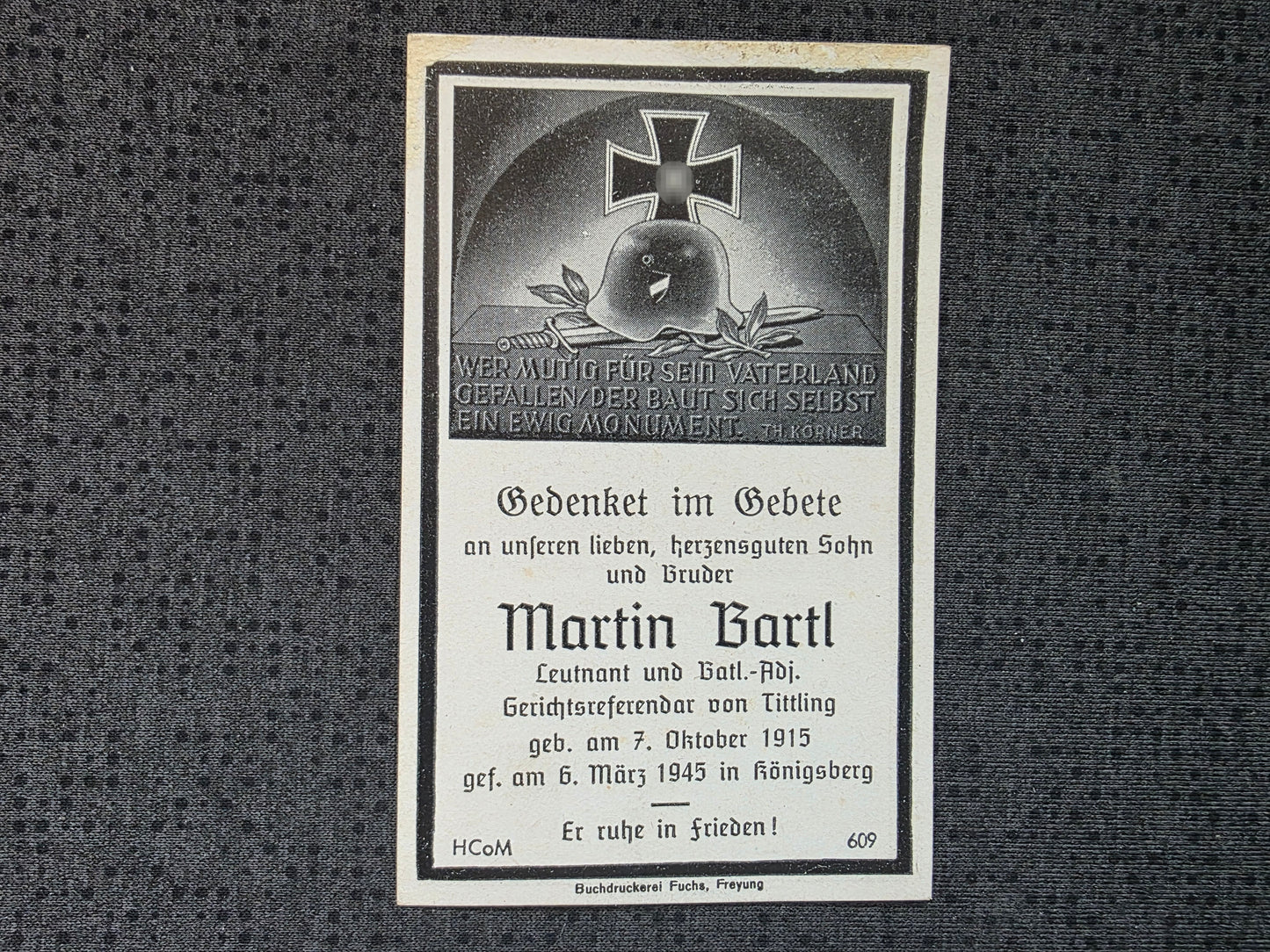 Sterbebild Leutnant Tittling Bataillons-Adjutant Endkampf Königsberg Ostpreußen