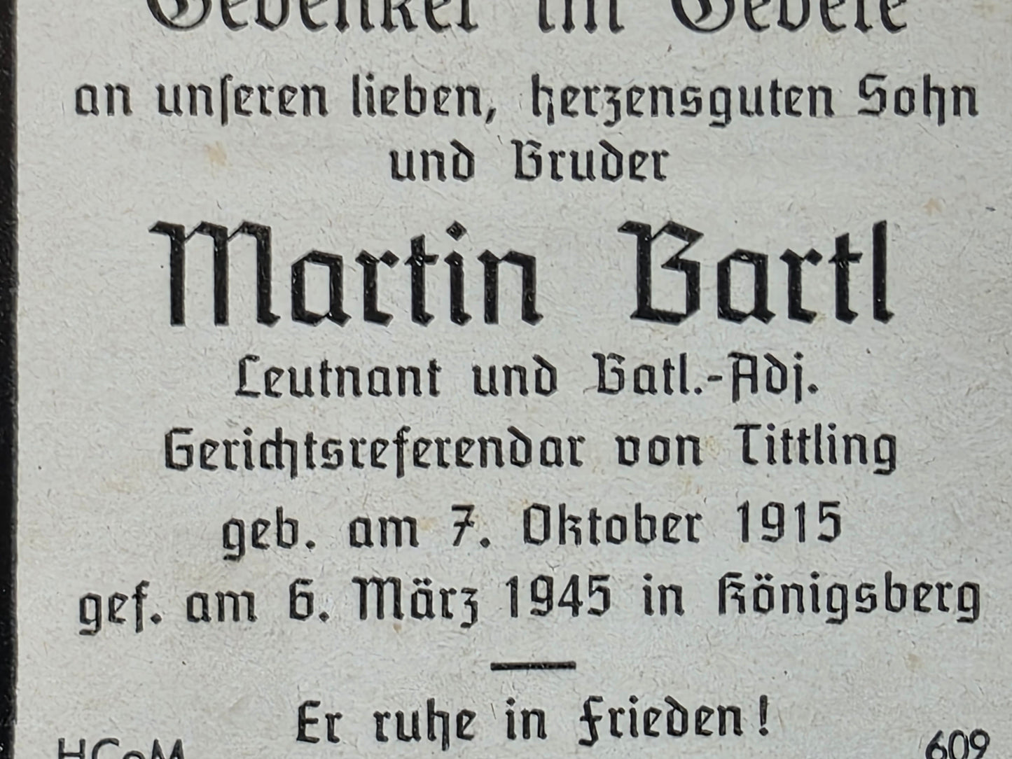 Sterbebild Leutnant Tittling Bataillons-Adjutant Endkampf Königsberg Ostpreußen