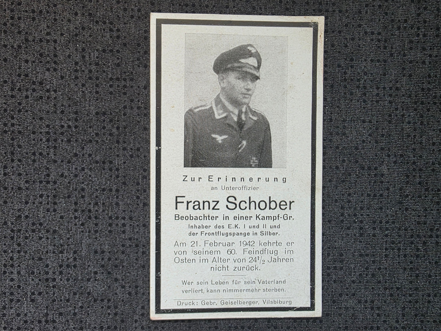Sterbebild Unteroffizier Beobachter Kampfstaffel 2./KG-27 FFS Silber 60. Feindflug Isjum Russland