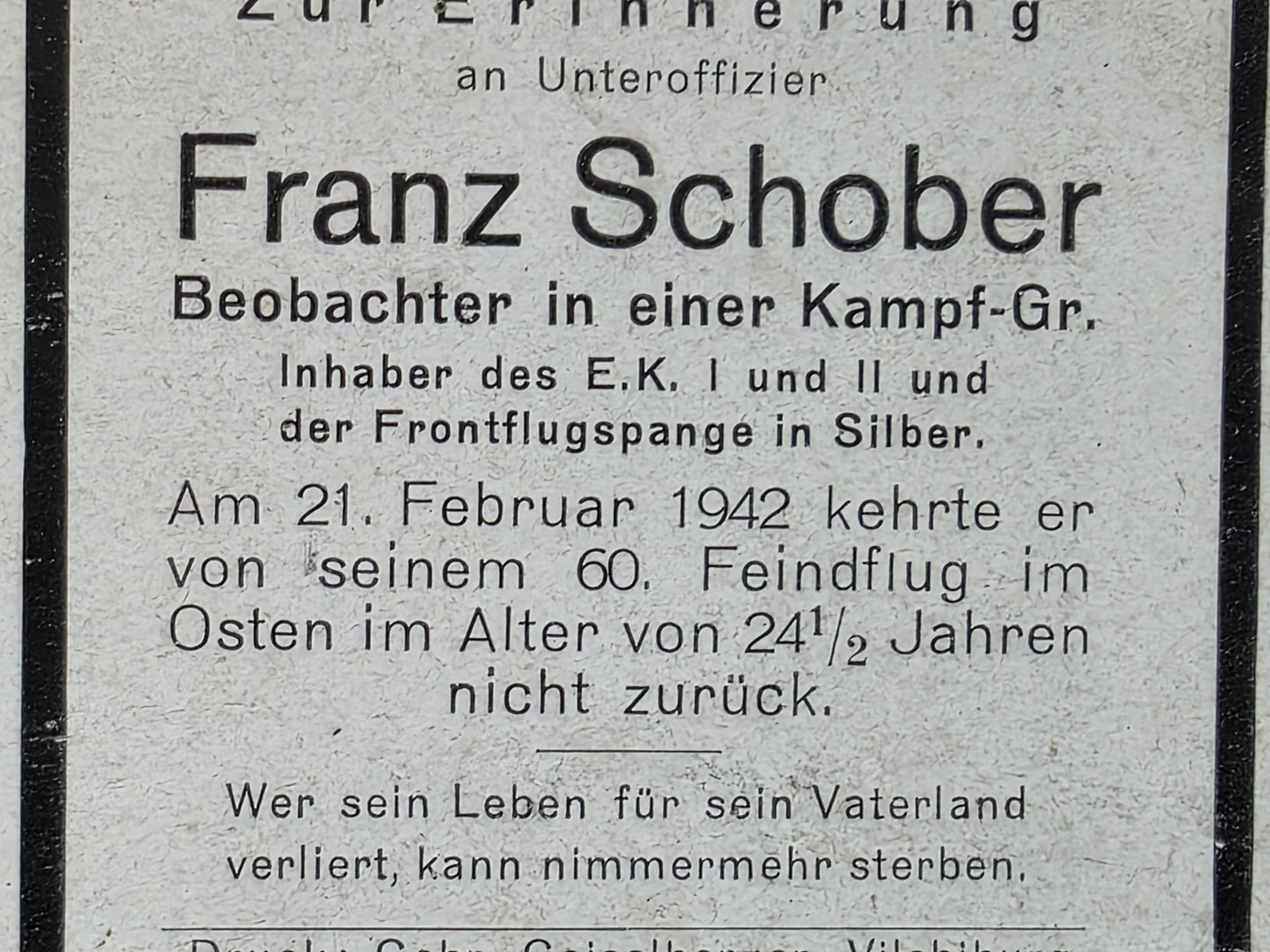 Sterbebild Unteroffizier Beobachter Kampfstaffel 2./KG-27 FFS Silber 60. Feindflug Isjum Russland