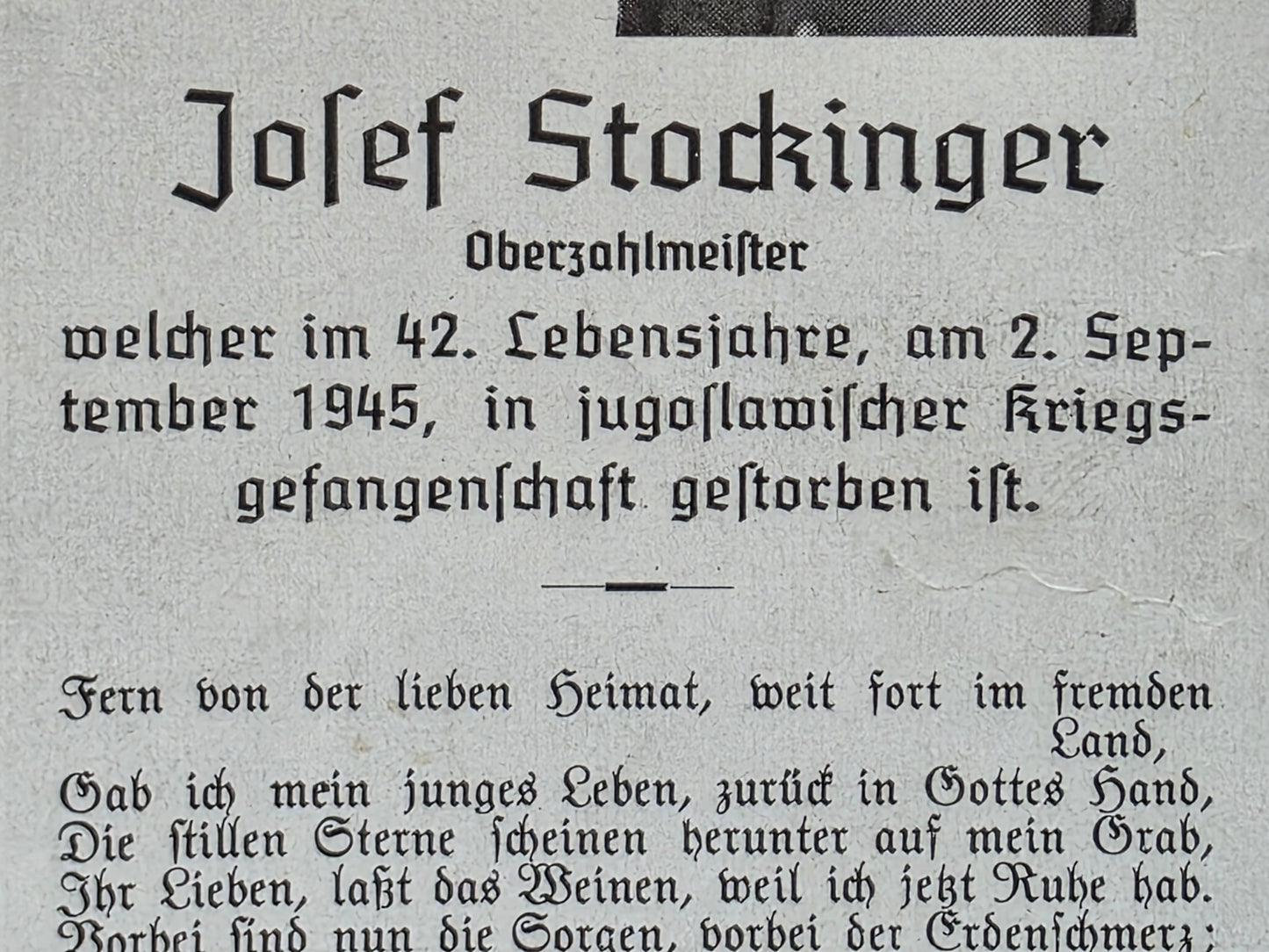 Sterbebild Oberzahlmeister Endkampf Kriegsgefangenschaft Jugoslawien