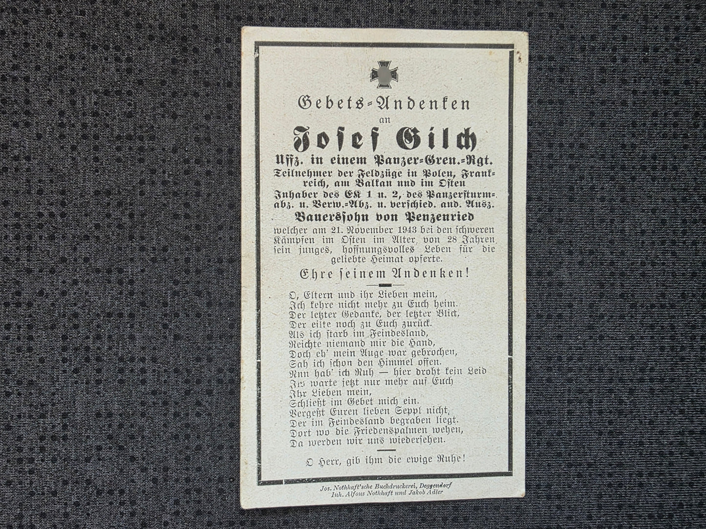 Sterbebild Unteroffizier Deggendorf 9. Komp. Panzer-Gren. Regt. 110 PKA Belowo Russland