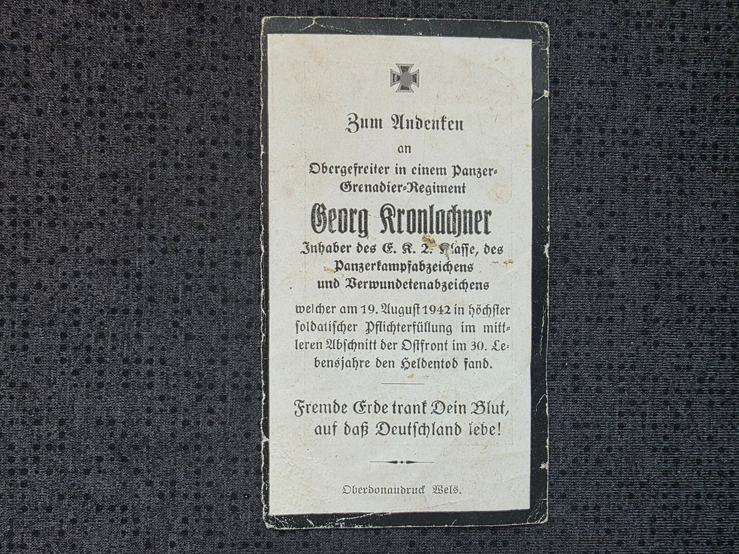 Sterbebild Obergefreiter 6. Panzer-Gren. Regt. 11 PKA Kolodesy Ostfront