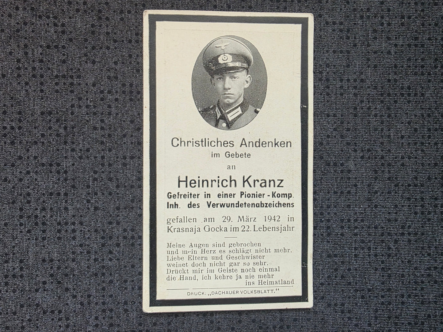 Sterbebild Gefreiter Prittelbach 2. Komp. Pio. Btl. 268 Krasnaja Gorka Russland