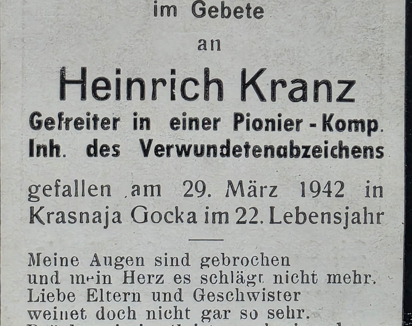Sterbebild Gefreiter Prittelbach 2. Komp. Pio. Btl. 268 Krasnaja Gorka Russland