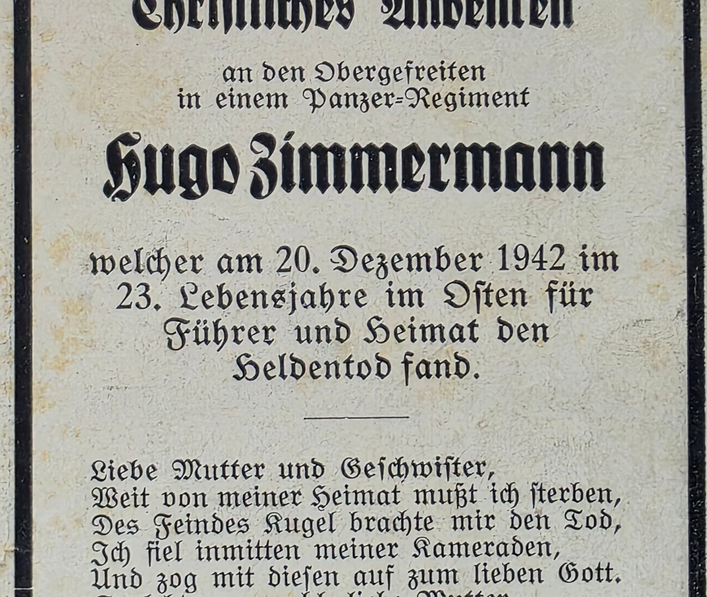 Sterbebild Obergefreiter Panzer Regiment schwarze Uniform Osten