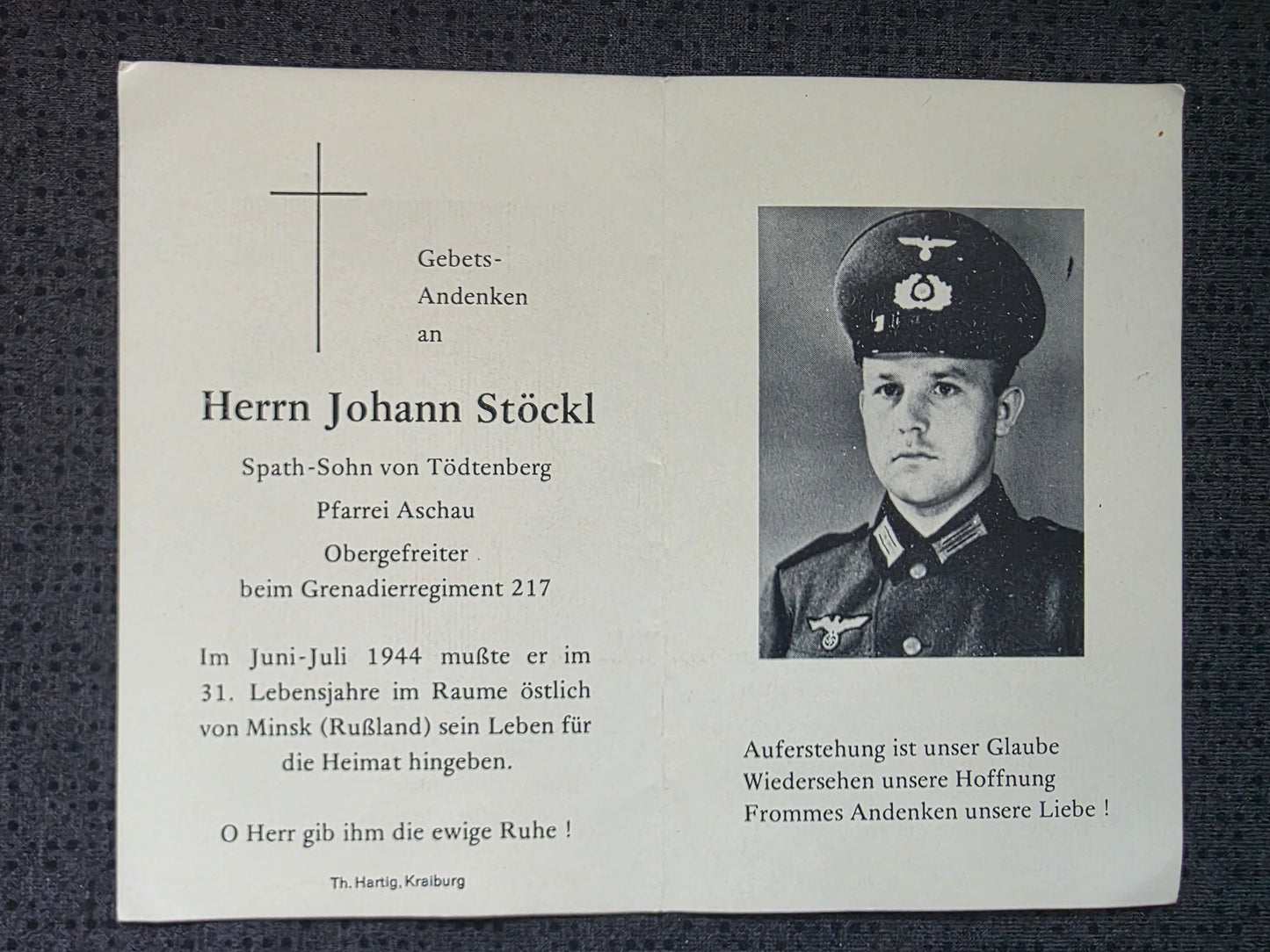 Sterbebild Obergefreiter Aschau Grenadier Regt. 217 Minsk Weissrussland