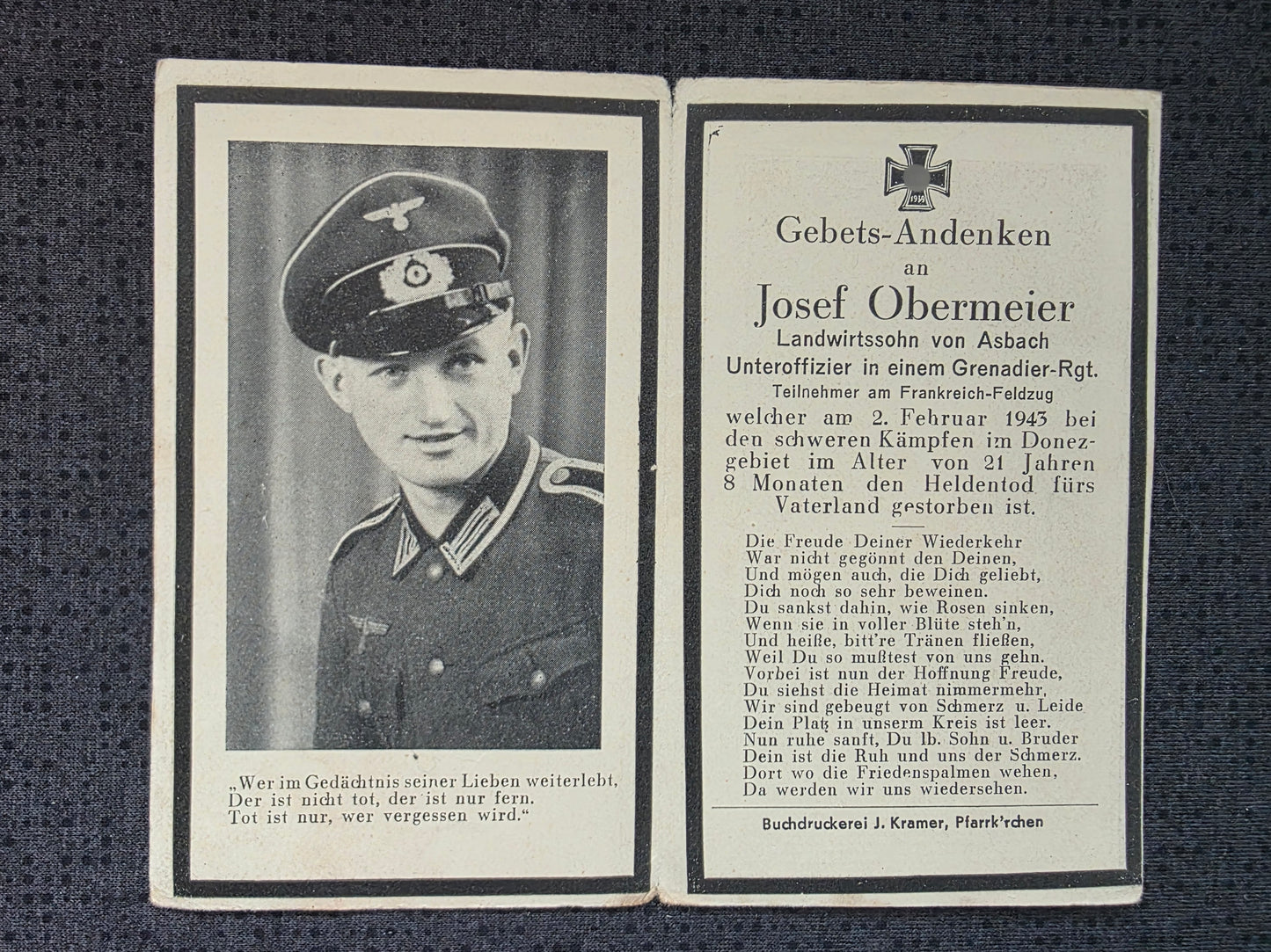 Sterbebild Unteroffizier Waldhof 8. Komp. Gren. Regt. 683 Donez Russland