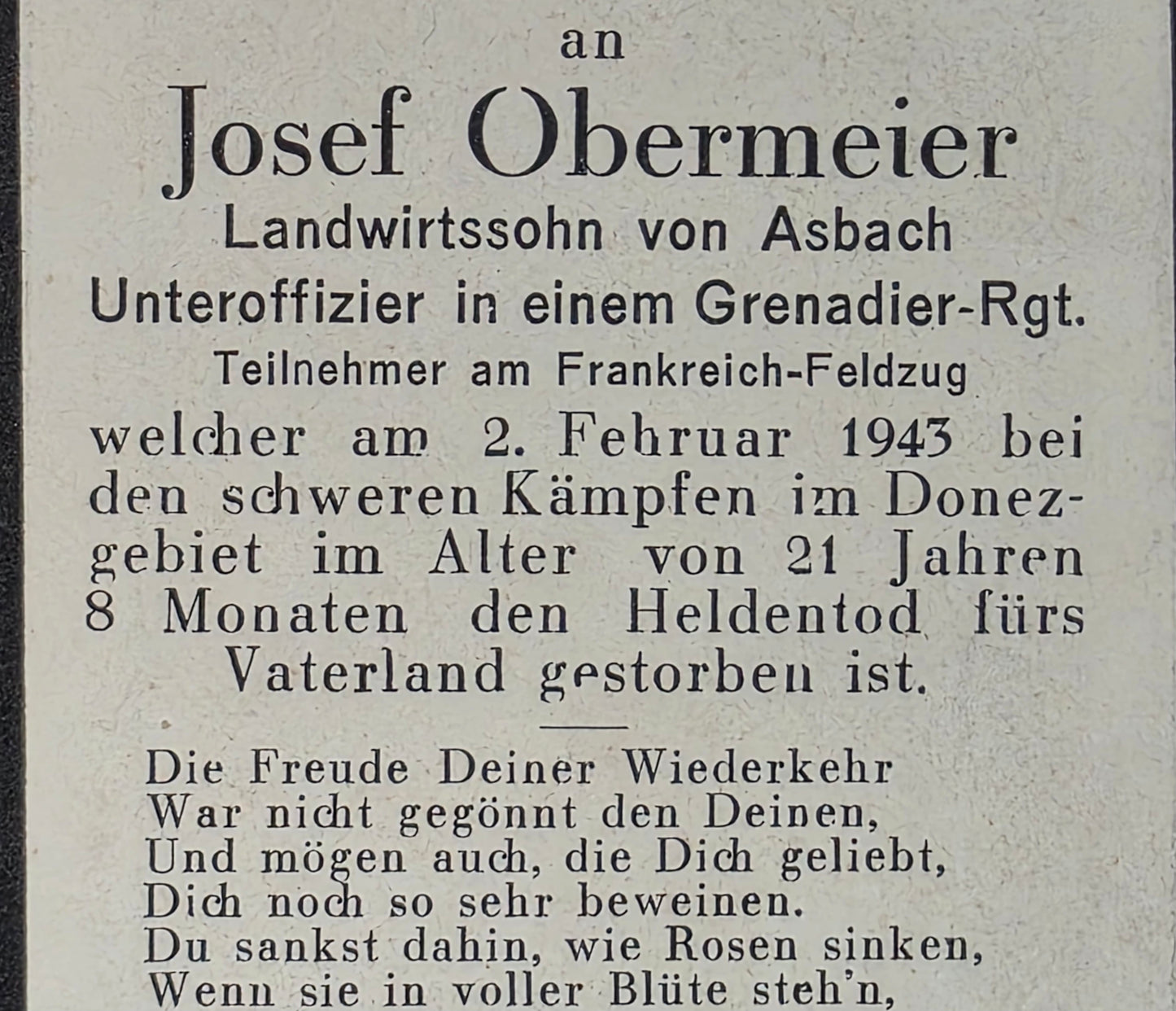 Sterbebild Unteroffizier Waldhof 8. Komp. Gren. Regt. 683 Donez Russland