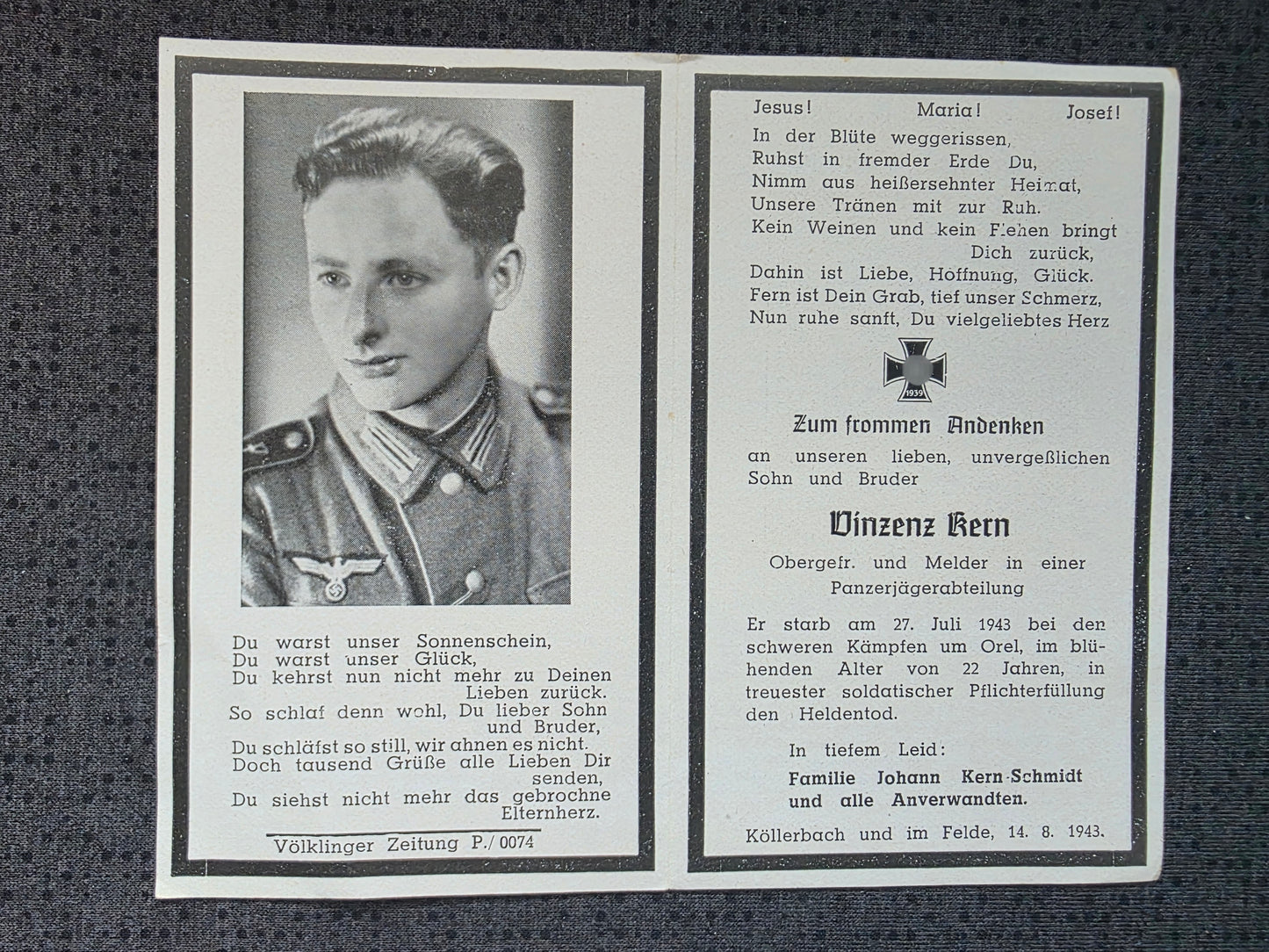 Sterbebild Obergefreiter Köllerbach Melder 5. Komp. Jägerbataillon 11 Orel Russland