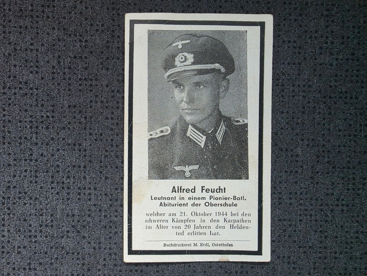 Sterbebild Leutnant Eggenfelden Pionier Btl. Karpathen Höhe 922 Nagyberezna Ungarn