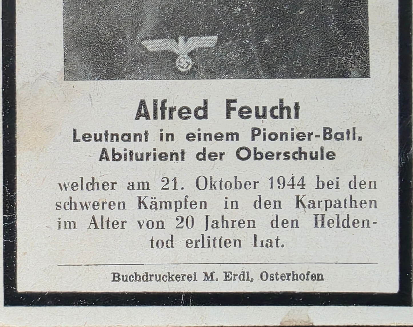 Sterbebild Leutnant Eggenfelden Pionier Btl. Karpathen Höhe 922 Nagyberezna Ungarn