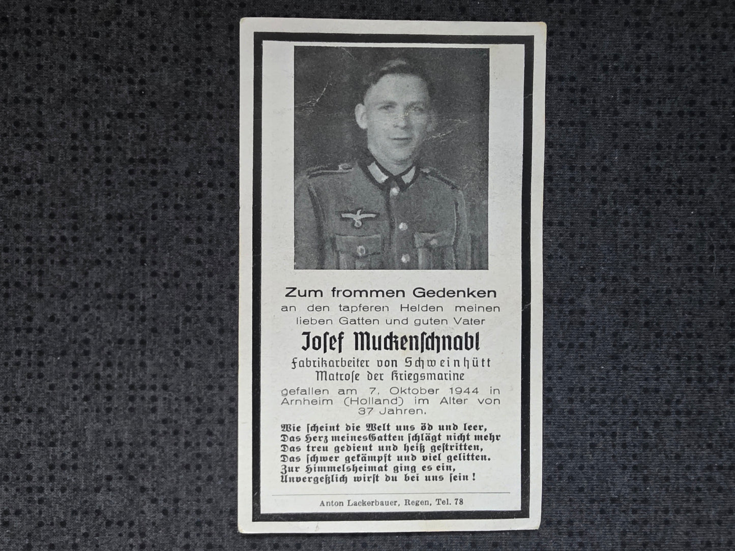 Sterbebild Matrose Schweinhütt Kriegsmarine Arnheim Ysselsteyn Holland