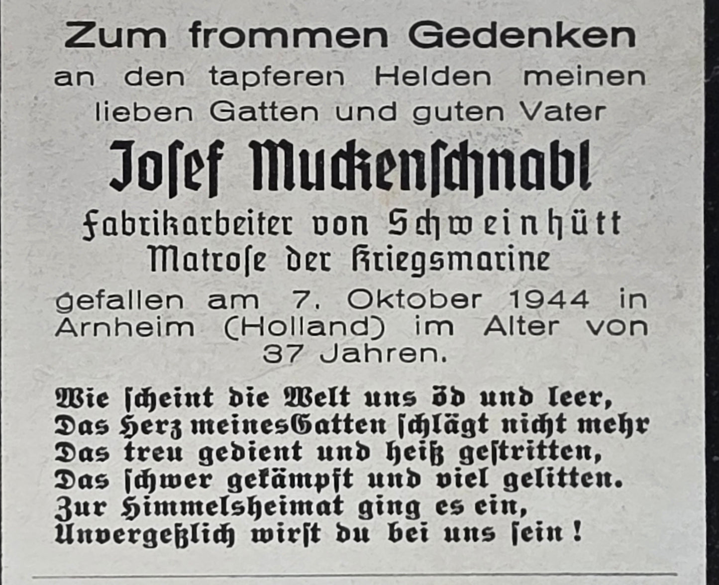Sterbebild Matrose Schweinhütt Kriegsmarine Arnheim Ysselsteyn Holland