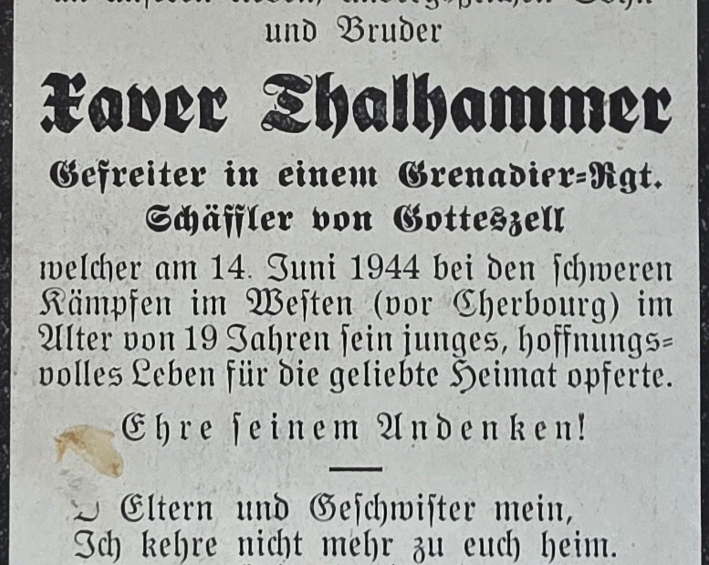 Sterbebild Gefreiter Gotteszell Grenadier Regt. Normandie Cherbourg Orglandes Frankreich