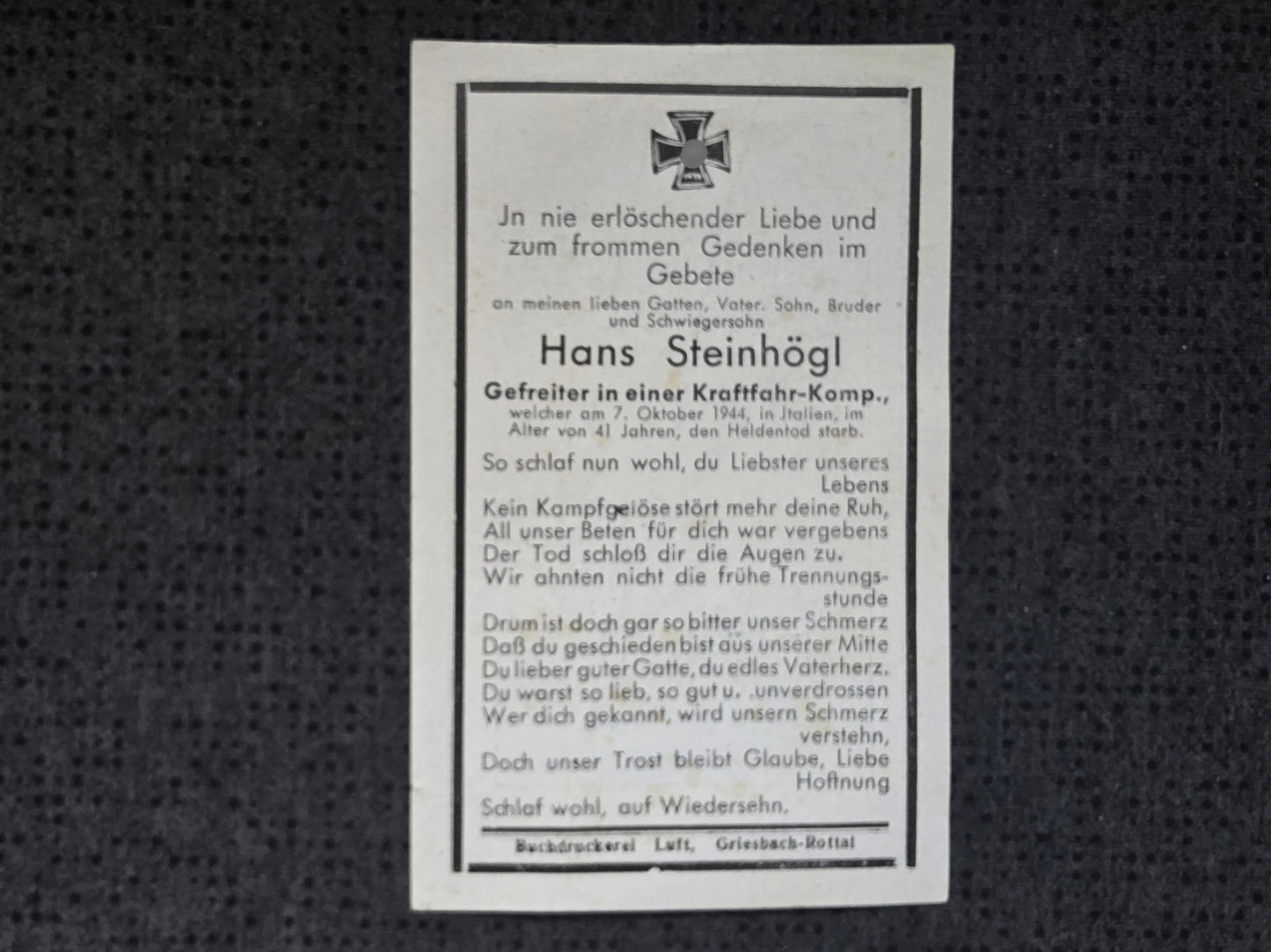 Sterbebild Gefreiter Kraftfahr-Kompanie Italien
