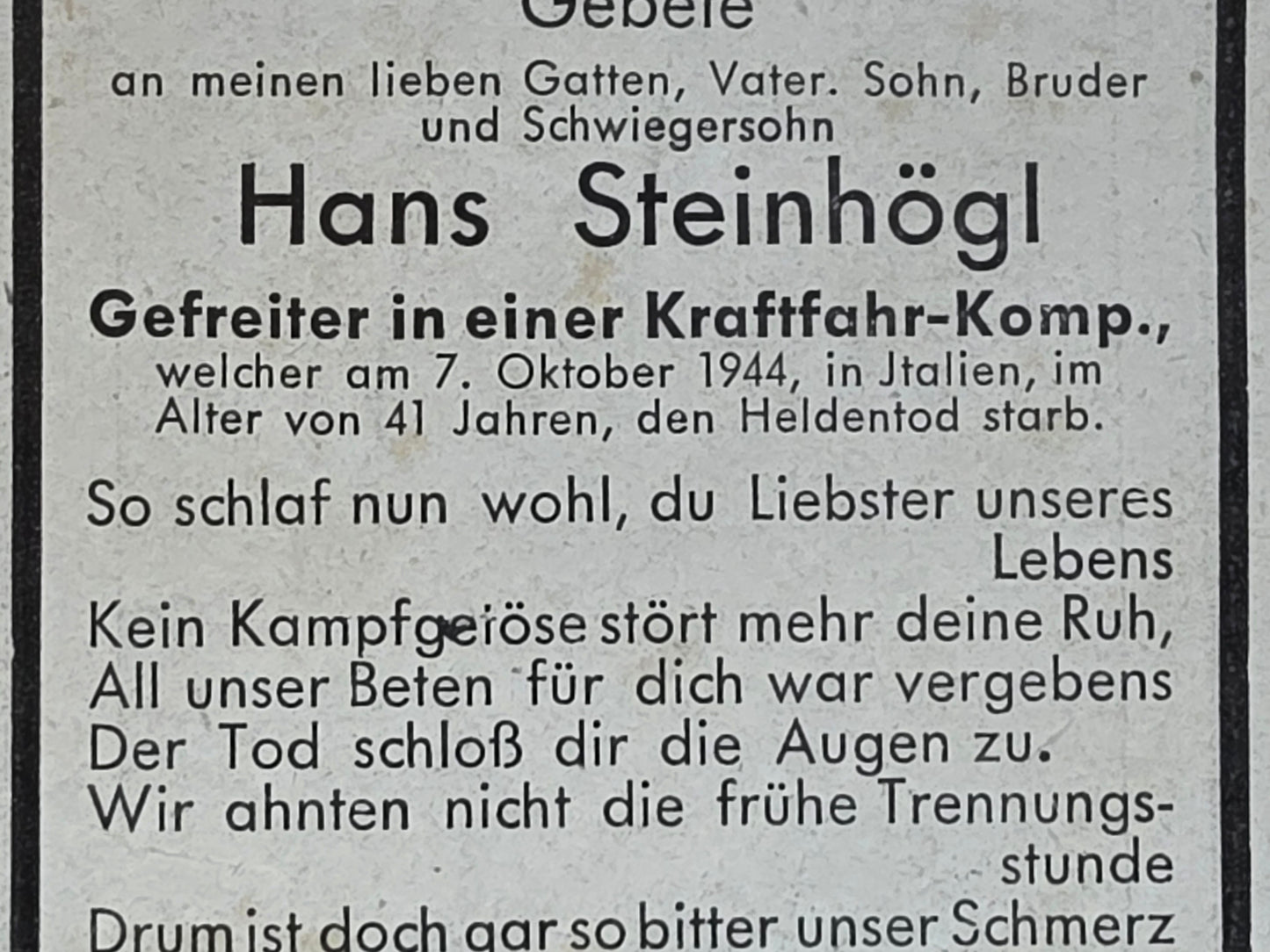 Sterbebild Gefreiter Kraftfahr-Kompanie Italien