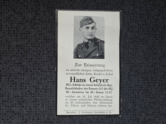 Sterbebild MG-Schütze Infanterie Regt. SS-Anwärter SS-Sturm 11/37 HJ Bann 537 Osten