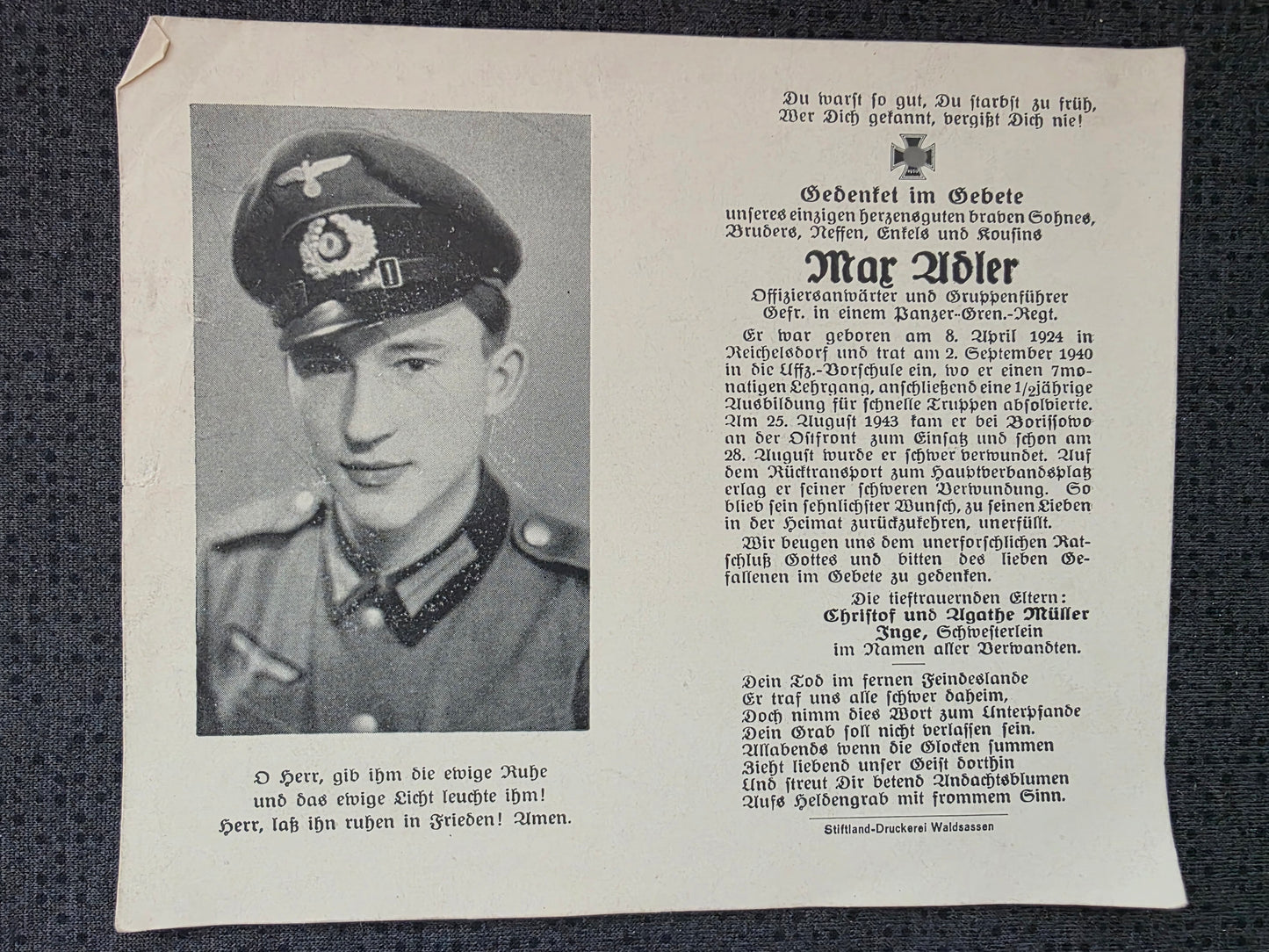 Sterbebild Gefreiter OA Reichersdorf 5. Komp. Panzer Gren. Regt. 33 Stratschewo Russland