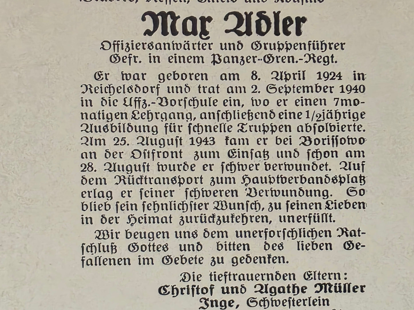 Sterbebild Gefreiter OA Reichersdorf 5. Komp. Panzer Gren. Regt. 33 Stratschewo Russland
