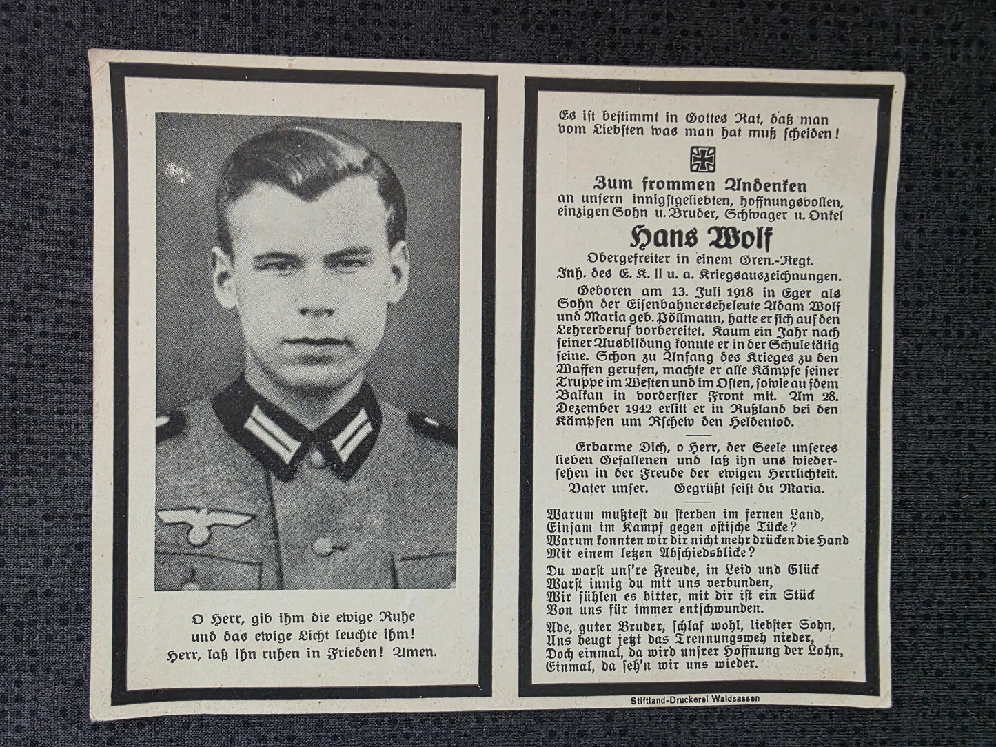 Sterbebild Obergefreiter Eger 8. Komp. Gren. Regt. 105 Matjukowo Rshew Russland