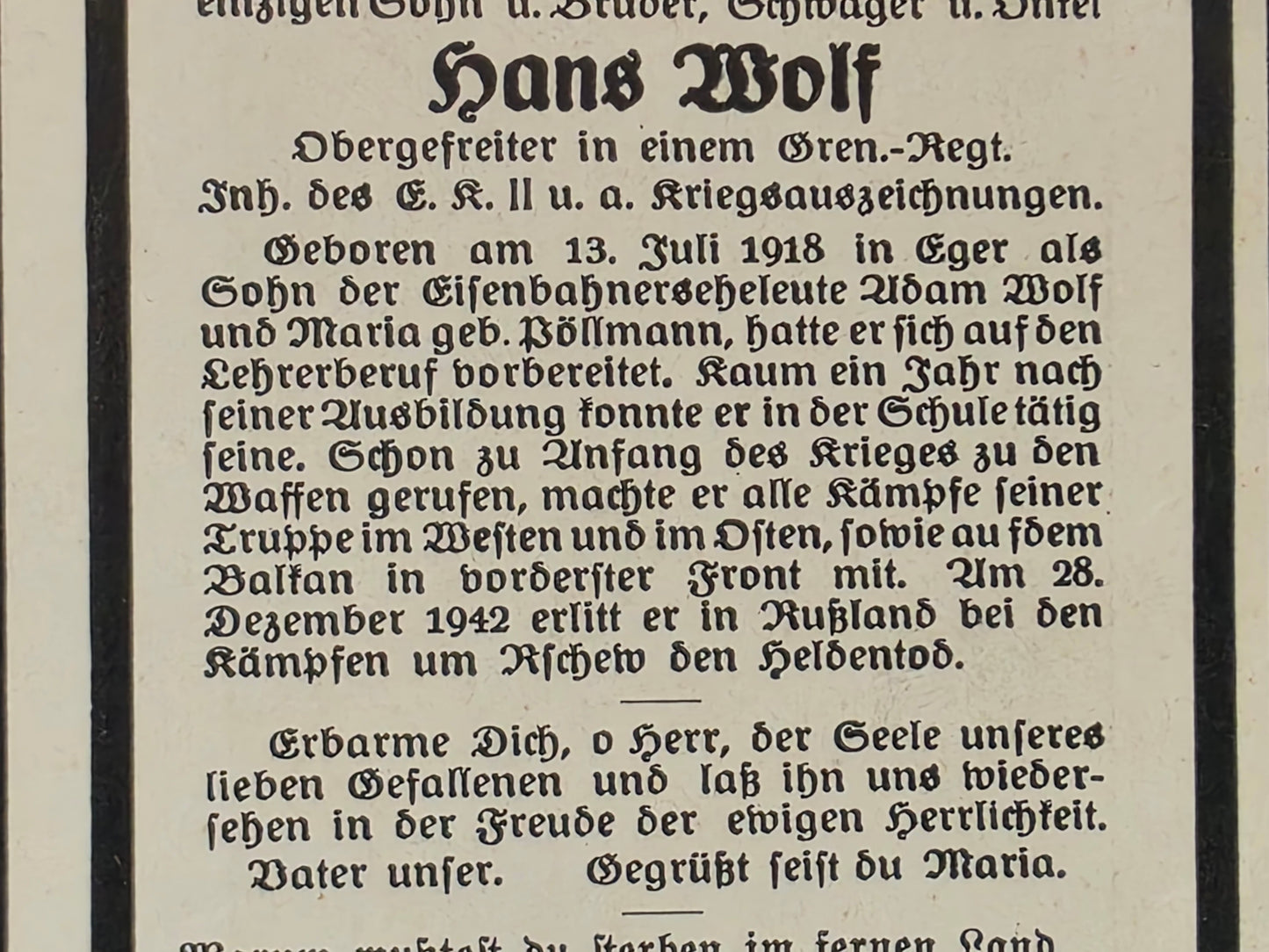 Sterbebild Obergefreiter Eger 8. Komp. Gren. Regt. 105 Matjukowo Rshew Russland