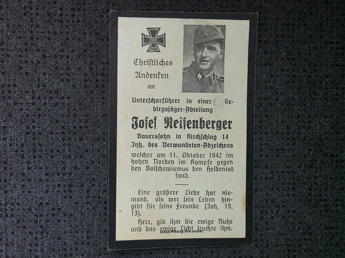 Sterbebild SS-Unterscharführer Kirchschlag 7. SS-Geb.-Jäger Regt. 7 Schariesee Karelien Finnland