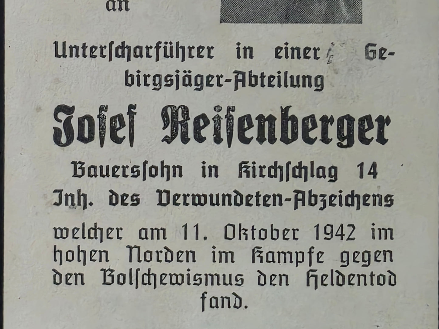 Sterbebild SS-Unterscharführer Kirchschlag 7. SS-Geb.-Jäger Regt. 7 Schariesee Karelien Finnland