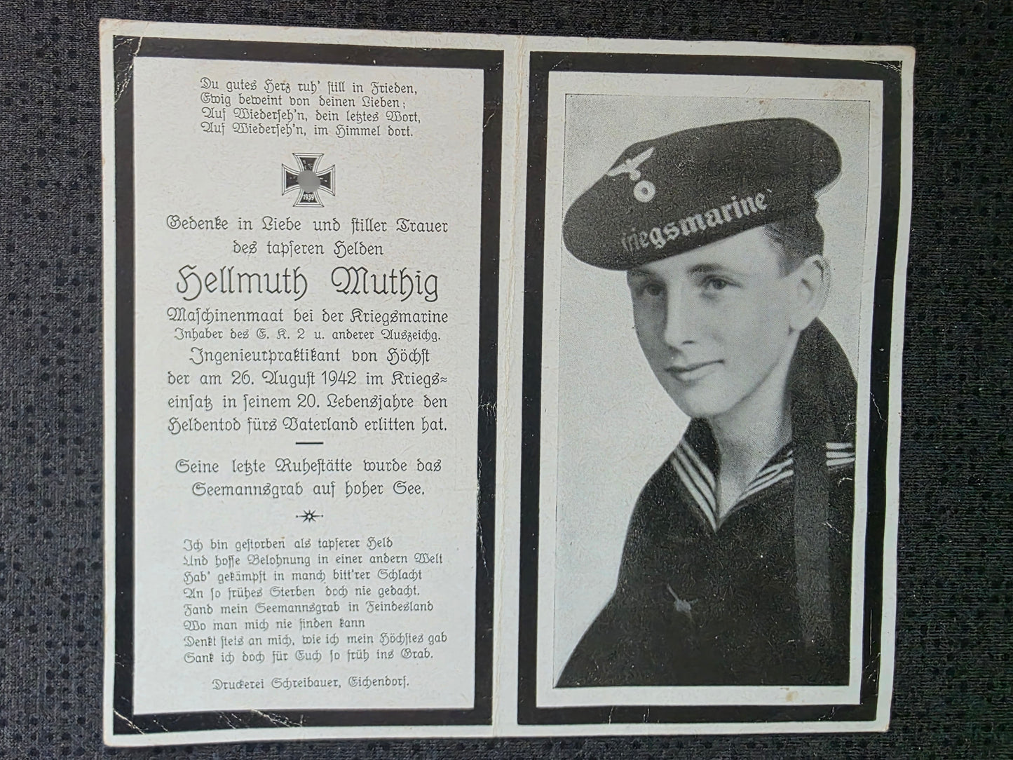 Sterbebild Maschinenmaat Frankfurt / Main 12. U-Boot Jagdflottille UJ 1216 Vikalla Finnland