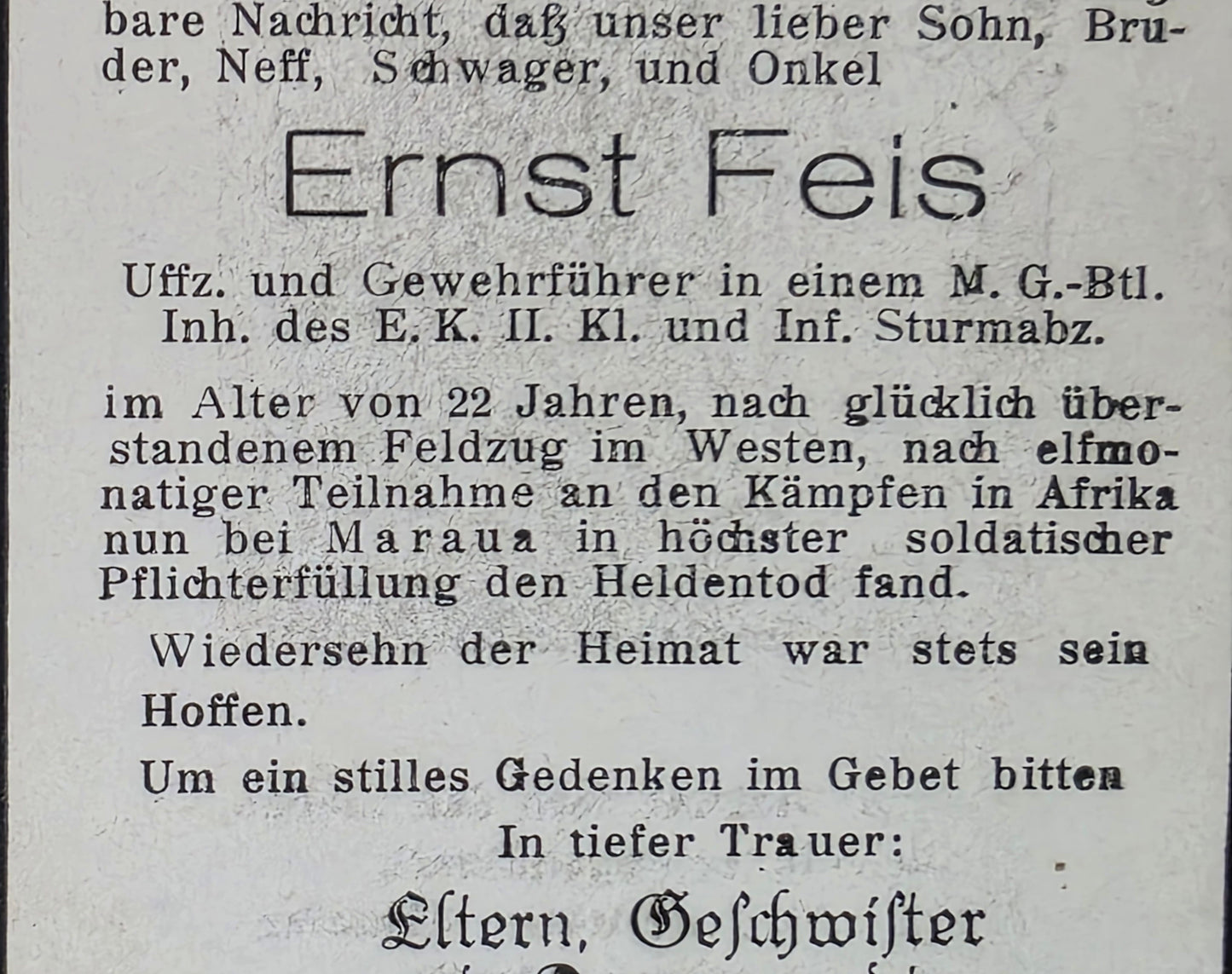 Sterbebild Unteroffizier Nonnweiler Gewehrführer 1. Komp. MG Btl. 2 DAK Maraua Tobruk Libyen