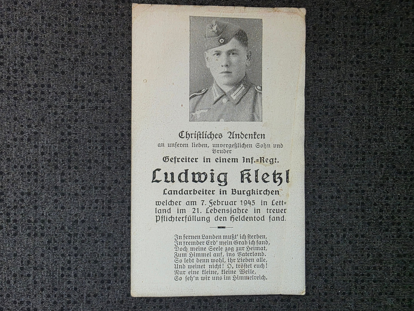 Sterbebild Gefreiter St Peter am Hart Infanterie Regt. Endkampf Sili Libau Lettland