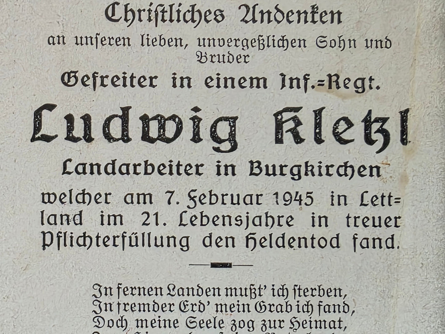 Sterbebild Gefreiter St Peter am Hart Infanterie Regt. Endkampf Sili Libau Lettland