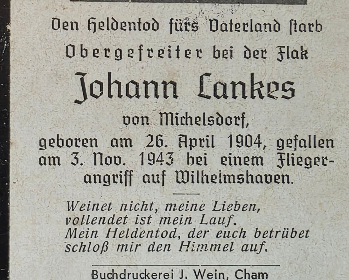 Sterbebild Obergefreiter Michelsdorf 4. Batterie Luftsperrabt. 206 Wilhelmshaven Deutschland