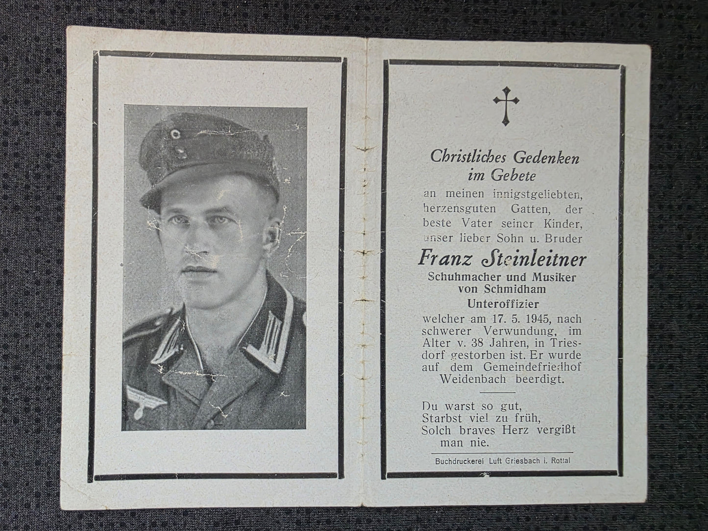 Sterbebild Unteroffizier Schmidham Endkampf Weidenbach Treuchtlichen Deutschland