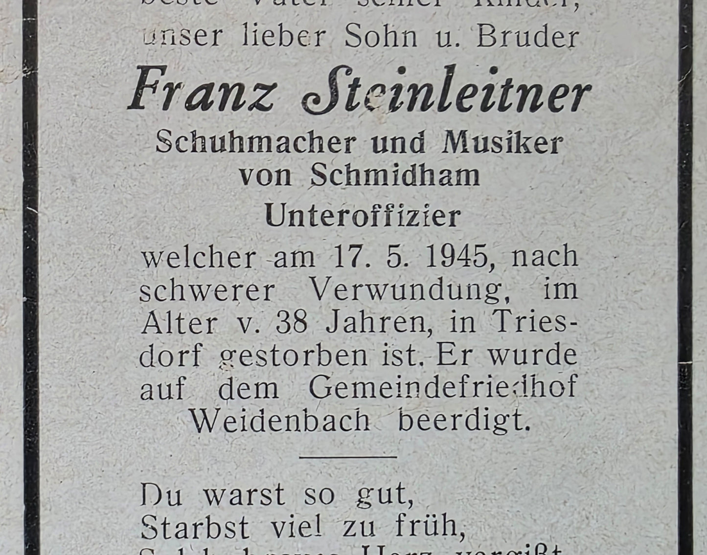 Sterbebild Unteroffizier Schmidham Endkampf Weidenbach Treuchtlichen Deutschland