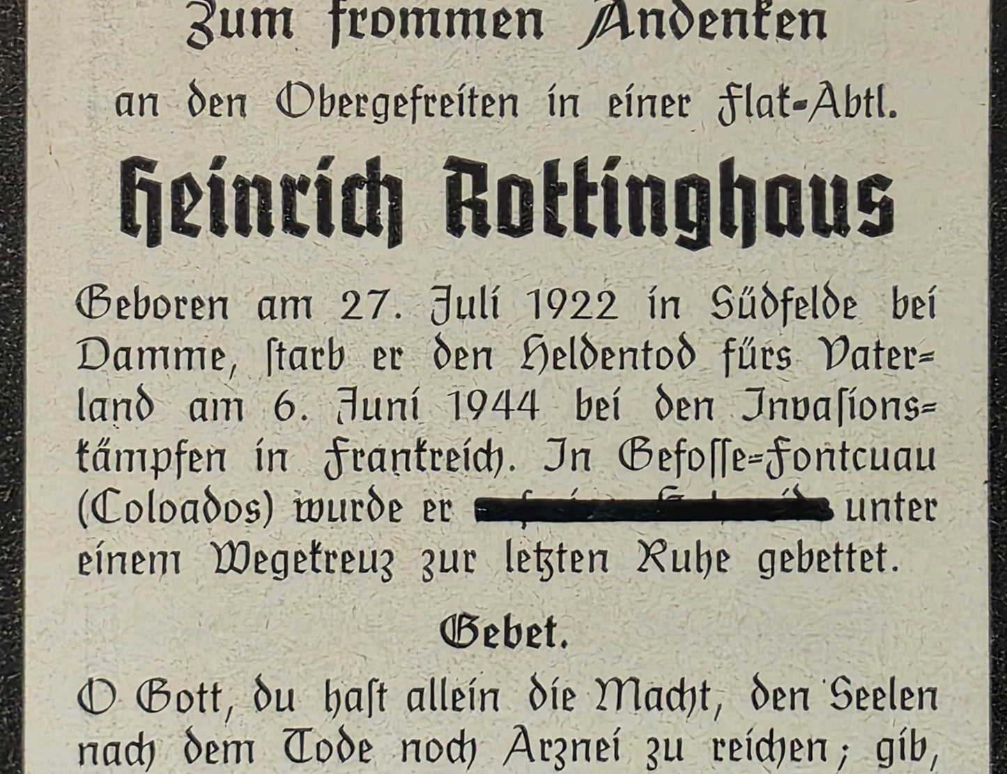 Sterbebild Obergefreiter Südfelde bei Damme 2. Batterie Flaksturmabt. 90 DDay Géfosse-Fontenay Normandie Frankreich