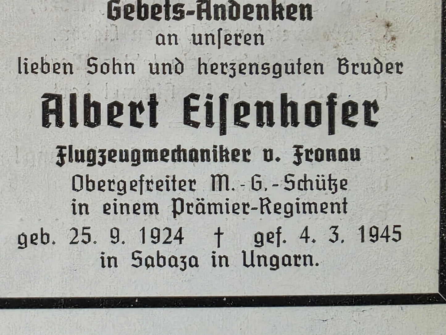 Sterbebild Obergefreiter Fronau MG-Schütze Endkampf Sabaza Ungarn