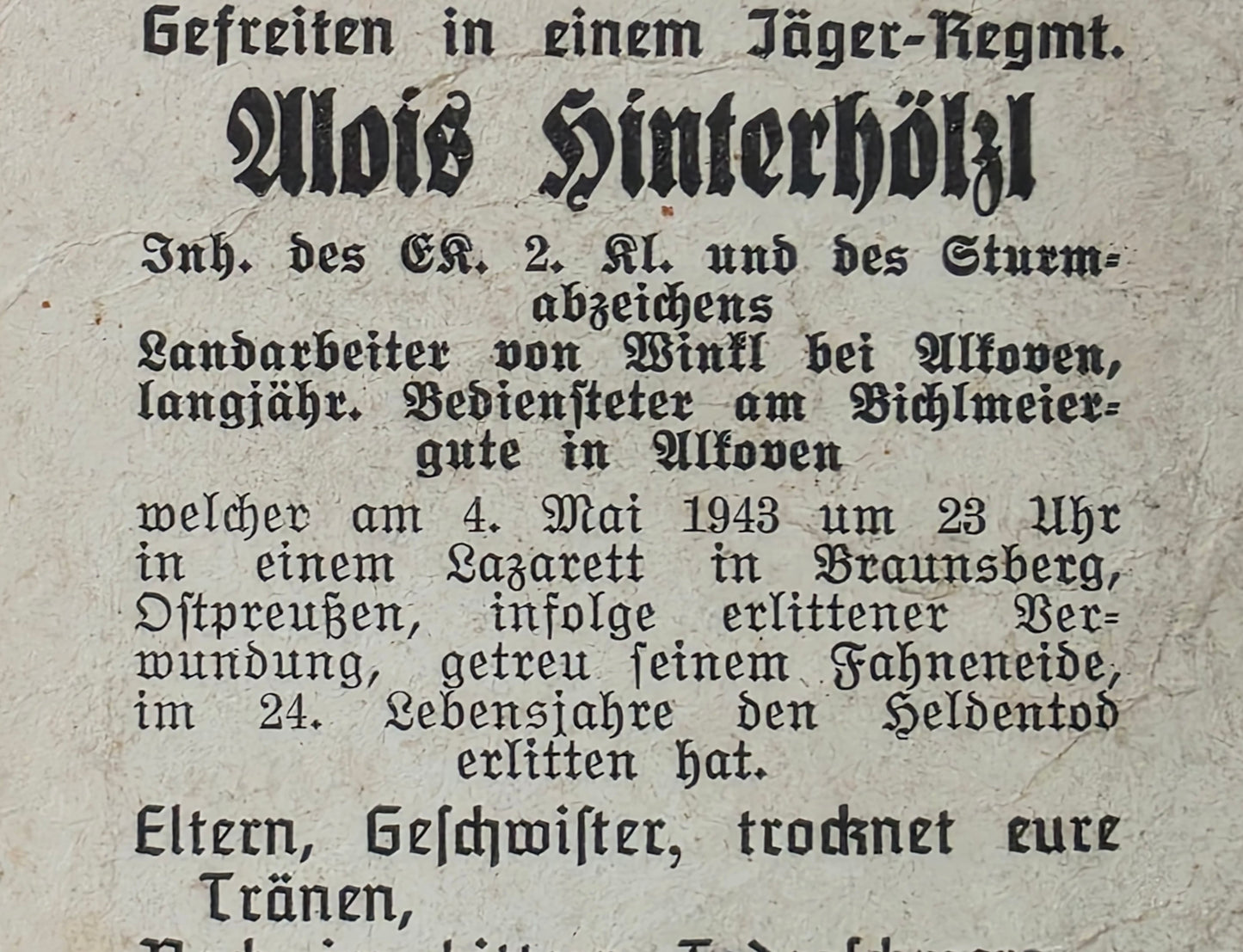 Sterbebild Gefreiter Linz 4. Gren. Regt. 28 Braunsberg Ostpreußen