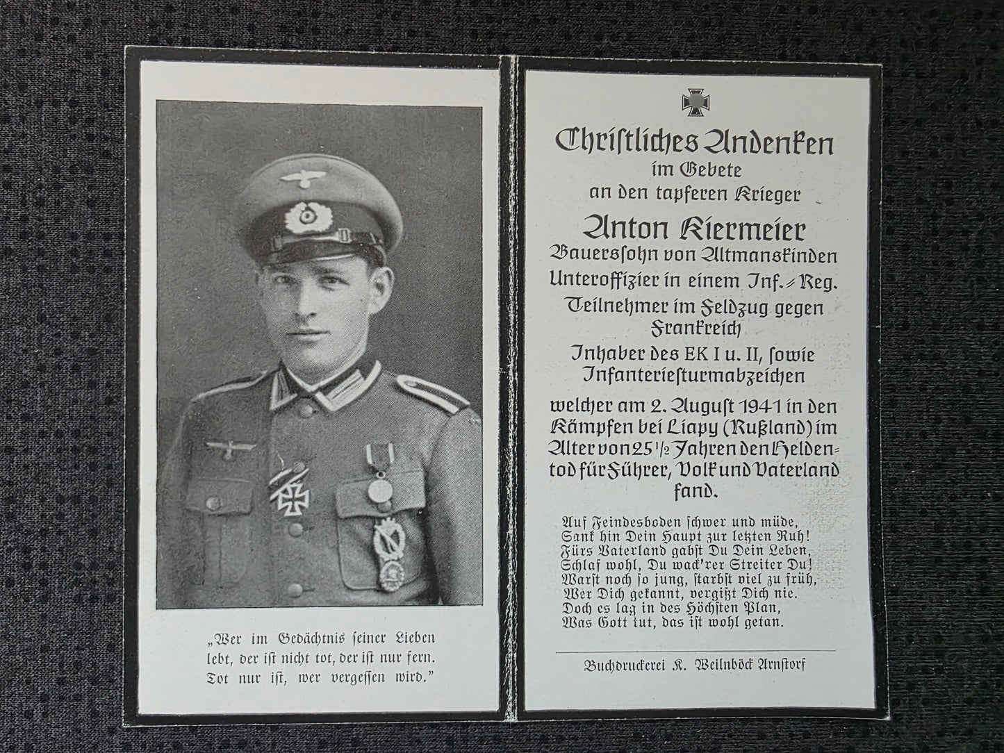 Sterbebild Unteroffizier Altmannslinden 1. Komp. Inf. Regt. 468 Ljapy Russland
