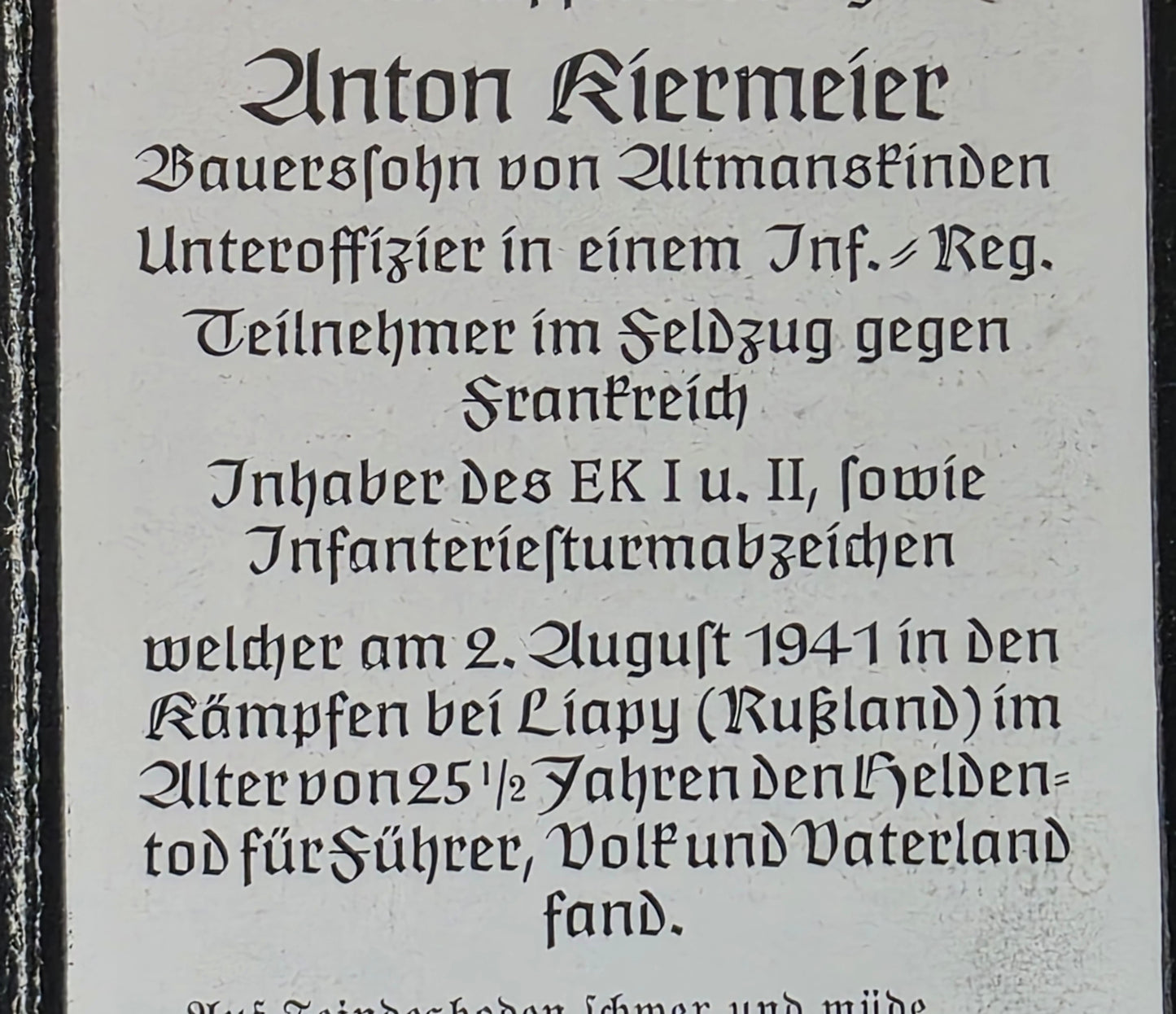 Sterbebild Unteroffizier Altmannslinden 1. Komp. Inf. Regt. 468 Ljapy Russland