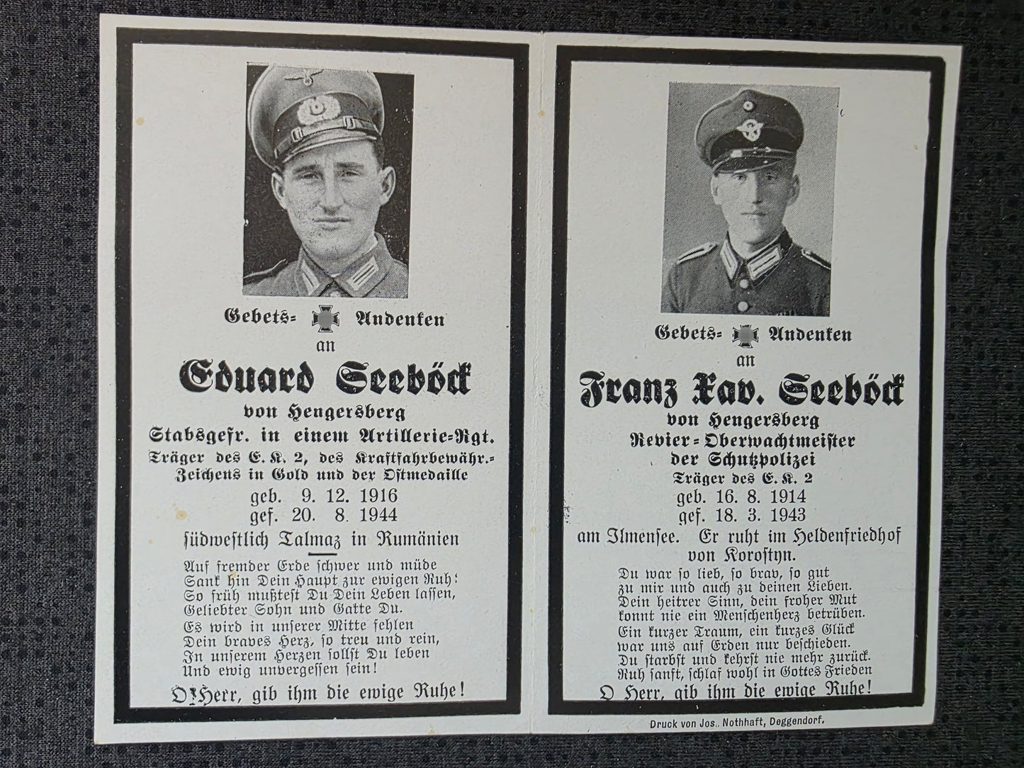 Sterbebild Brüder Hengersberg Stabsgefreiter Art. Regt. Talmaza Moldawien Oberwachtmeister SS-Polizei Regt. 17 Ilmensee