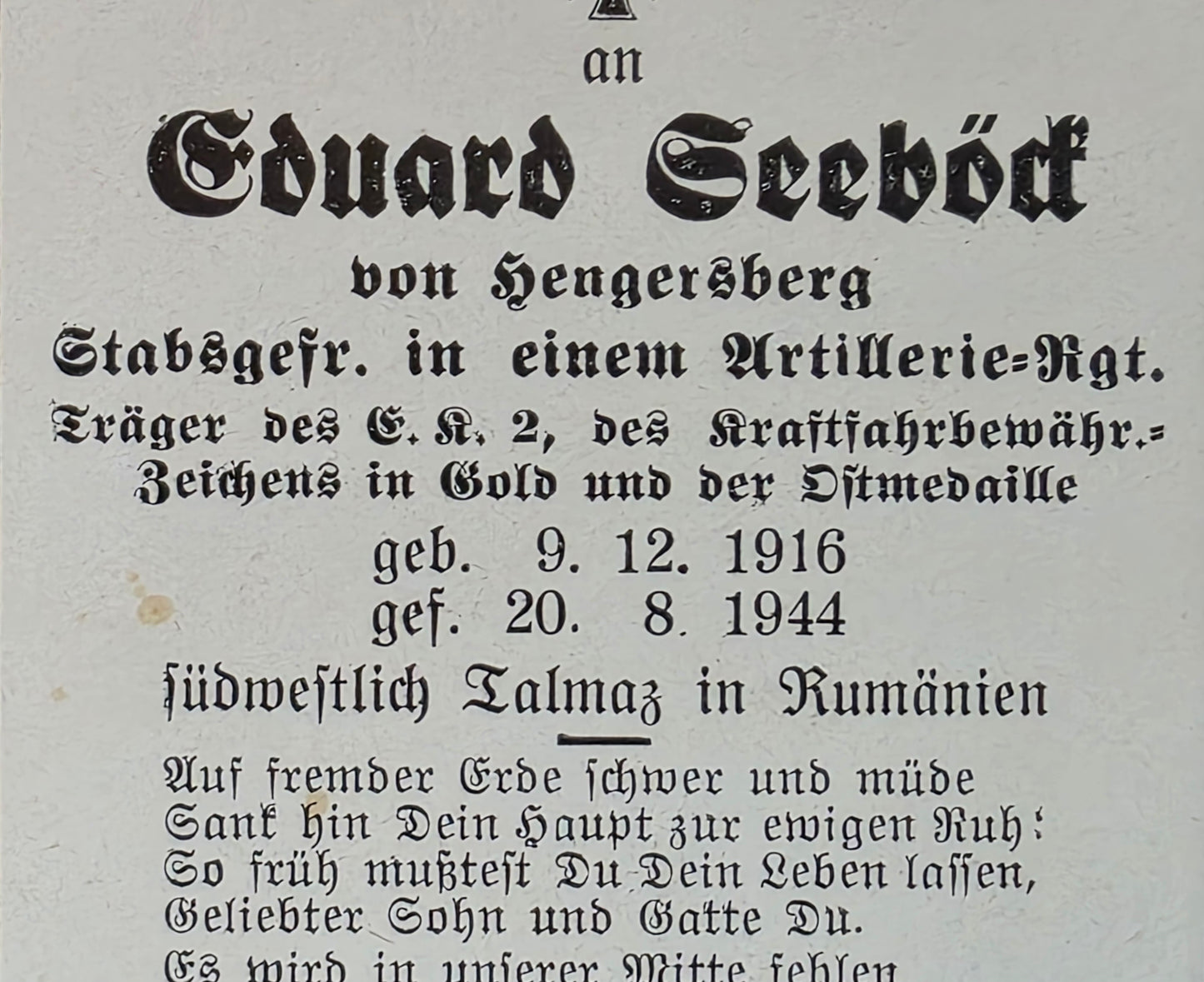 Sterbebild Brüder Hengersberg Stabsgefreiter Art. Regt. Talmaza Moldawien Oberwachtmeister SS-Polizei Regt. 17 Ilmensee