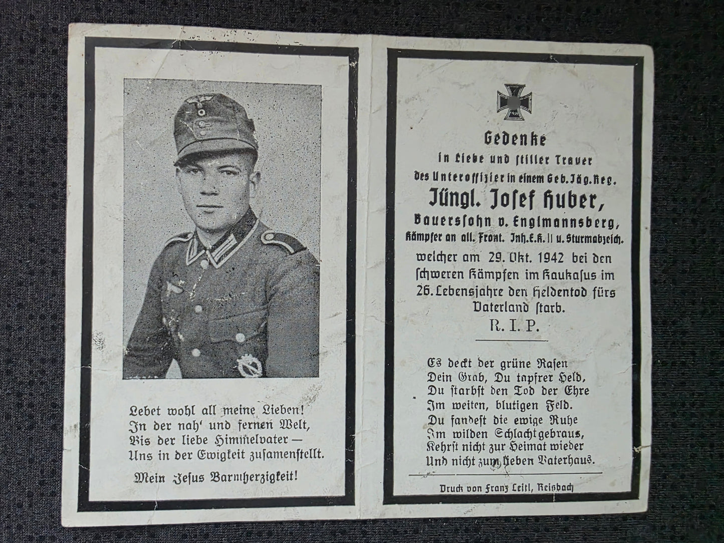 Sterbebild Unteroffizier Engelmannsberg 3. Komp. Geb.-Jäger Regt. 207 Pschyschtal Höhe 998 Kaukasus